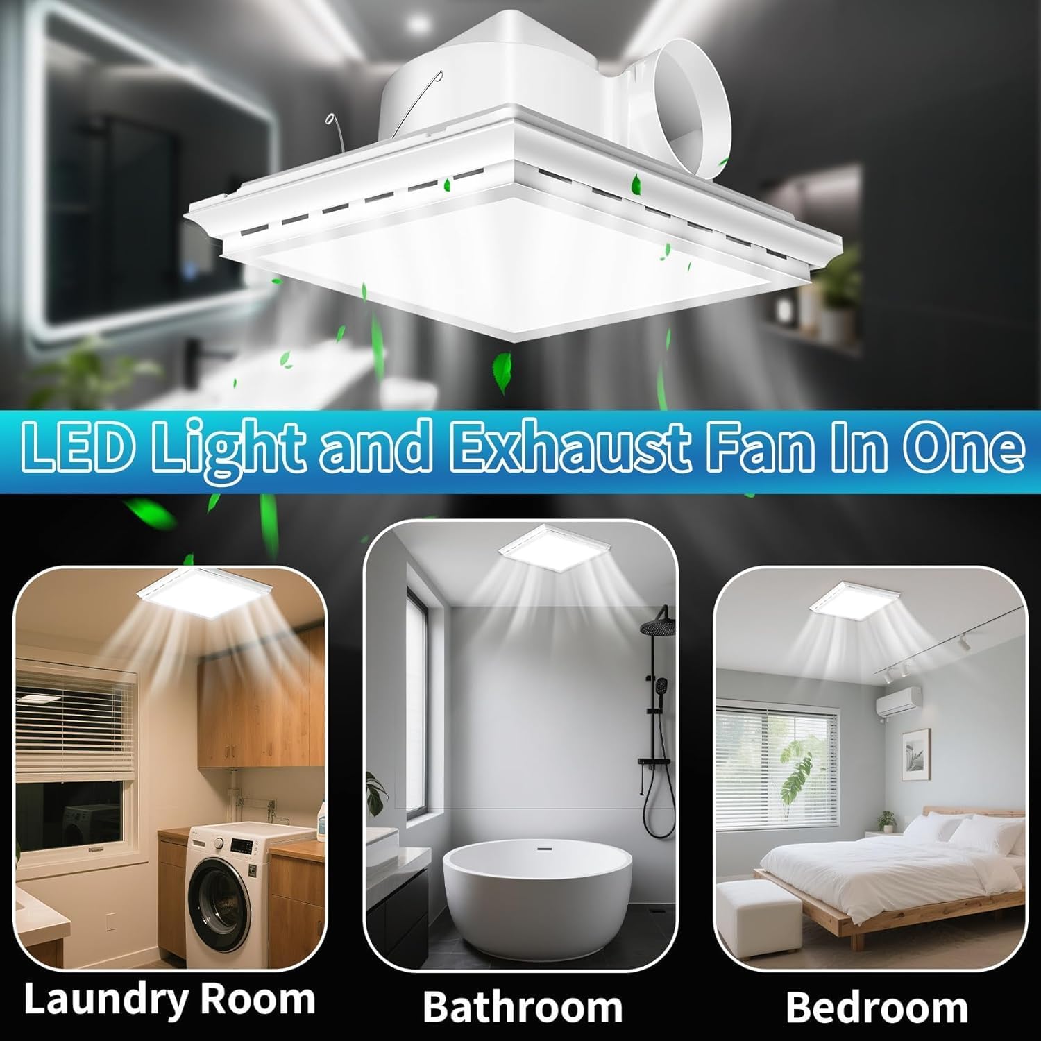 Bathroom Exhaust Fan with Light, 10" Inch Square Bath Fan Light, 141CFMCeiling Mount Ventilation Fan, Ultra Quiet 1.0 Sone Shower Exhaust with LED Lights for Home/Office