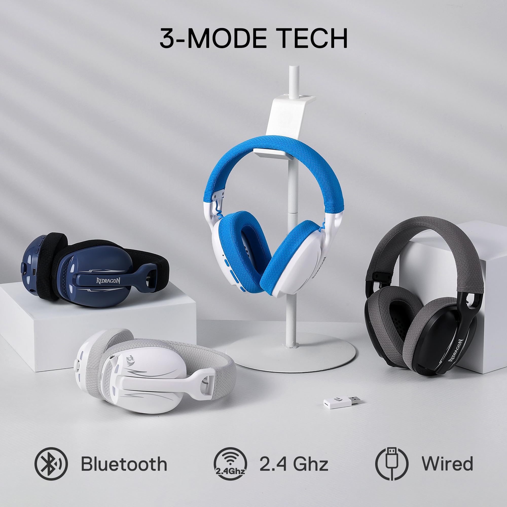 Redragon H878 Cuffie da Gioco Wireless a 3 Modalità con Retroilluminazione Blu - Leggere - Suono Surround 7.1 - Driver da 40MM - Microfono Rimovibile Multi Piattaforme per PC, PS5/4/3, Switch, Mobile