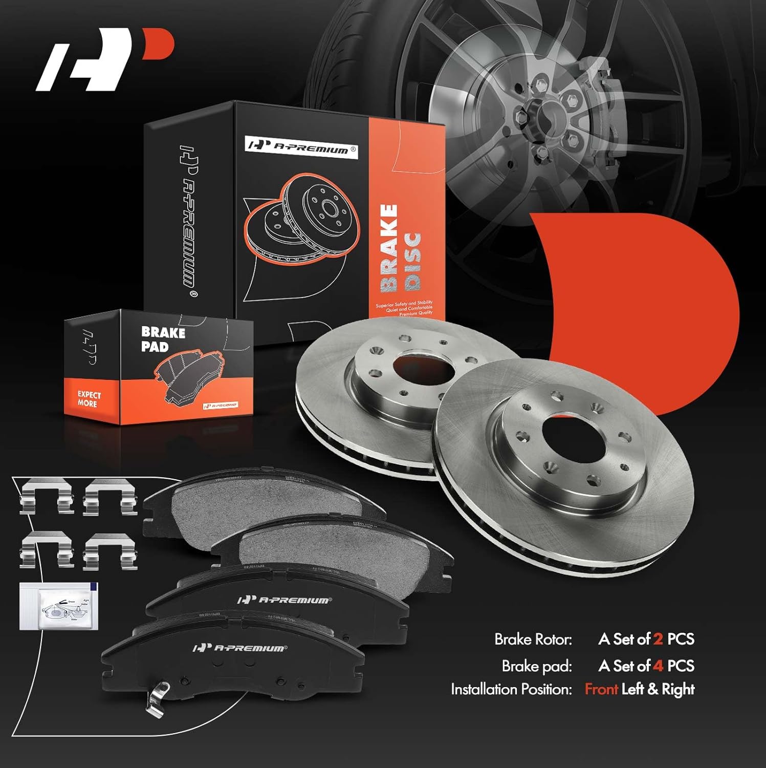 A-Premium 10.83 inch (275mm) Front Vented Disc Brake Rotors + Ceramic Pads Kit Compatible with Select Kia Models - Spectra 2004-2009, Spectra5 2005-2009, 2.0L, 6-PC Set