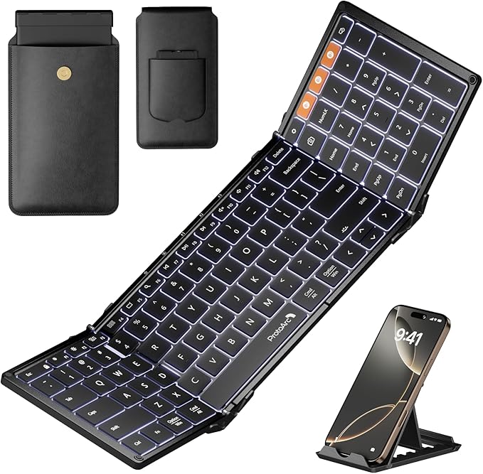 ProtoArc Backlit Foldable Keyboard, XK01 Plus Folding Portable Bluetooth Keyboard for Travel, Full Size External Wireless Keyboard with Backlight for iPad Tablet Smartphone Laptop - Black