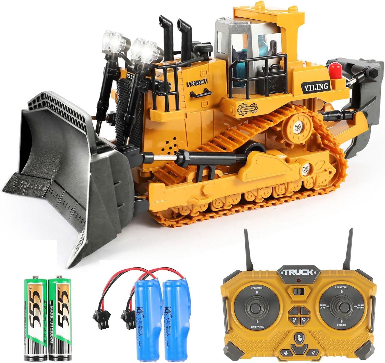 Metal RC Bulldozer Toy for Kids 11-Channel Remote Control Dozer with Lights & Sounds, 2 Rechargeable Batteries Included, 1:20 Scale Construction Tractor for Boys Ages 3-12