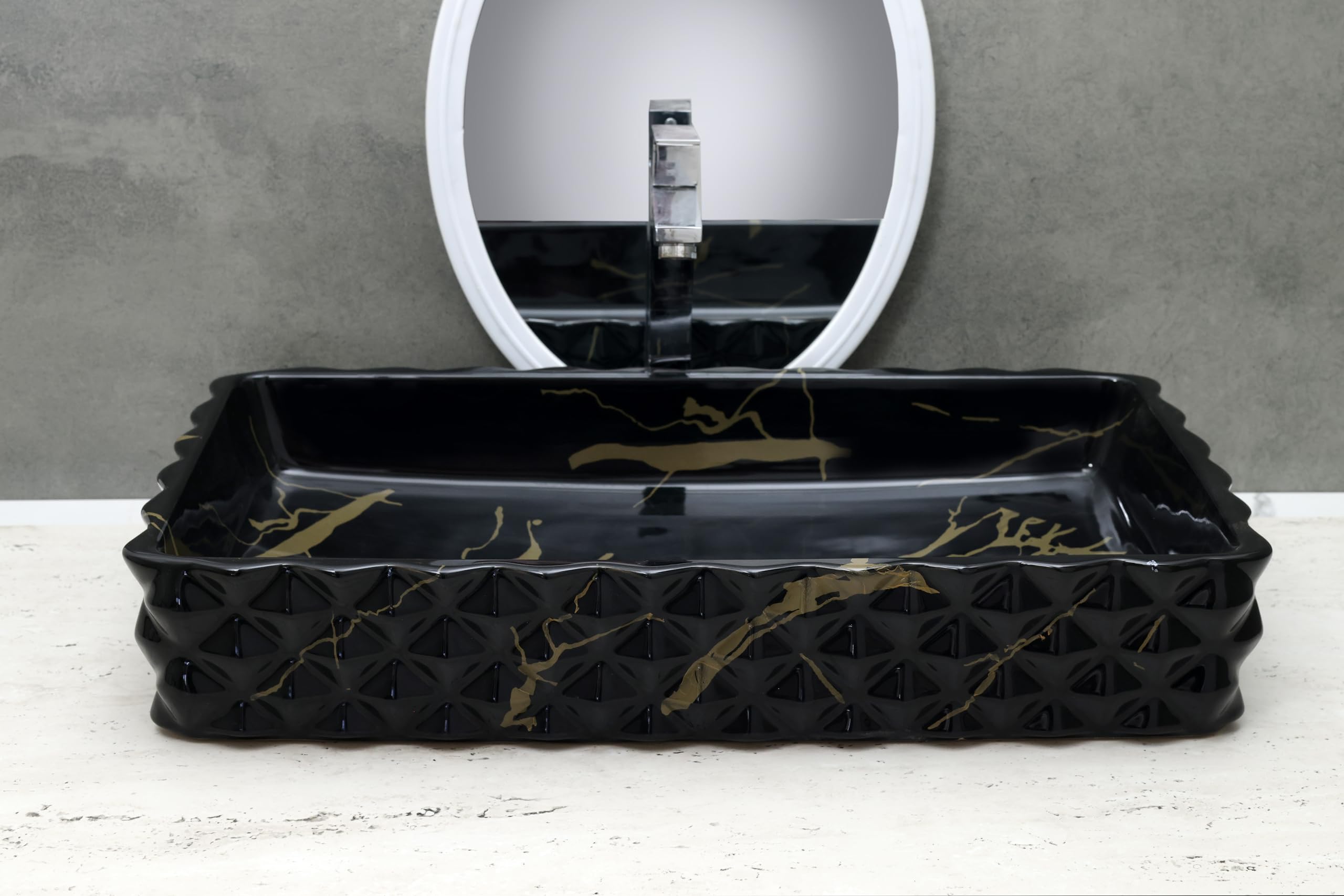 HISRE Designer Glossy Finish Table Top Wash Basin Vessel Sink with Slim Rim Vessel Sinks For Bathrooms (Deer Design Wash Basin, 24 x 14 x 4.5 Inch) (Style - 1) DM4604, photo 1 of 4