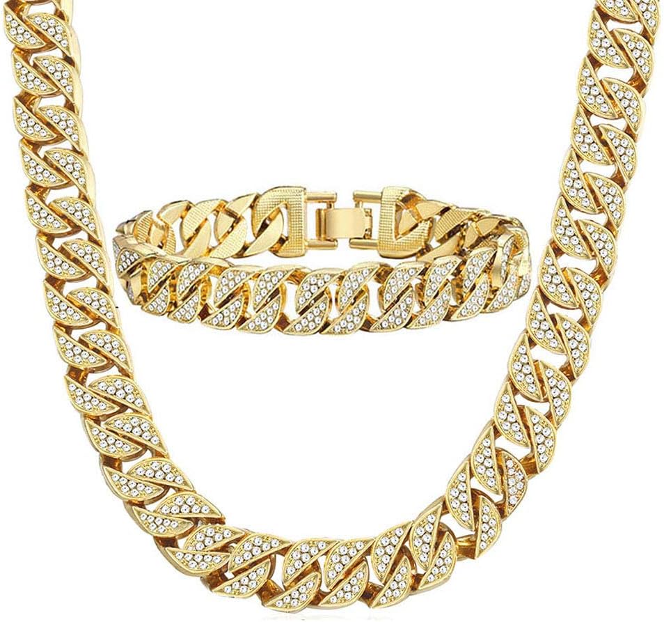 HUAMING 13mm Mens Iced Out Chain Necklace Bracelet Set Hip Hop Gold Plated CZ Miami Curb Cuban Link Chain 8&20inchs