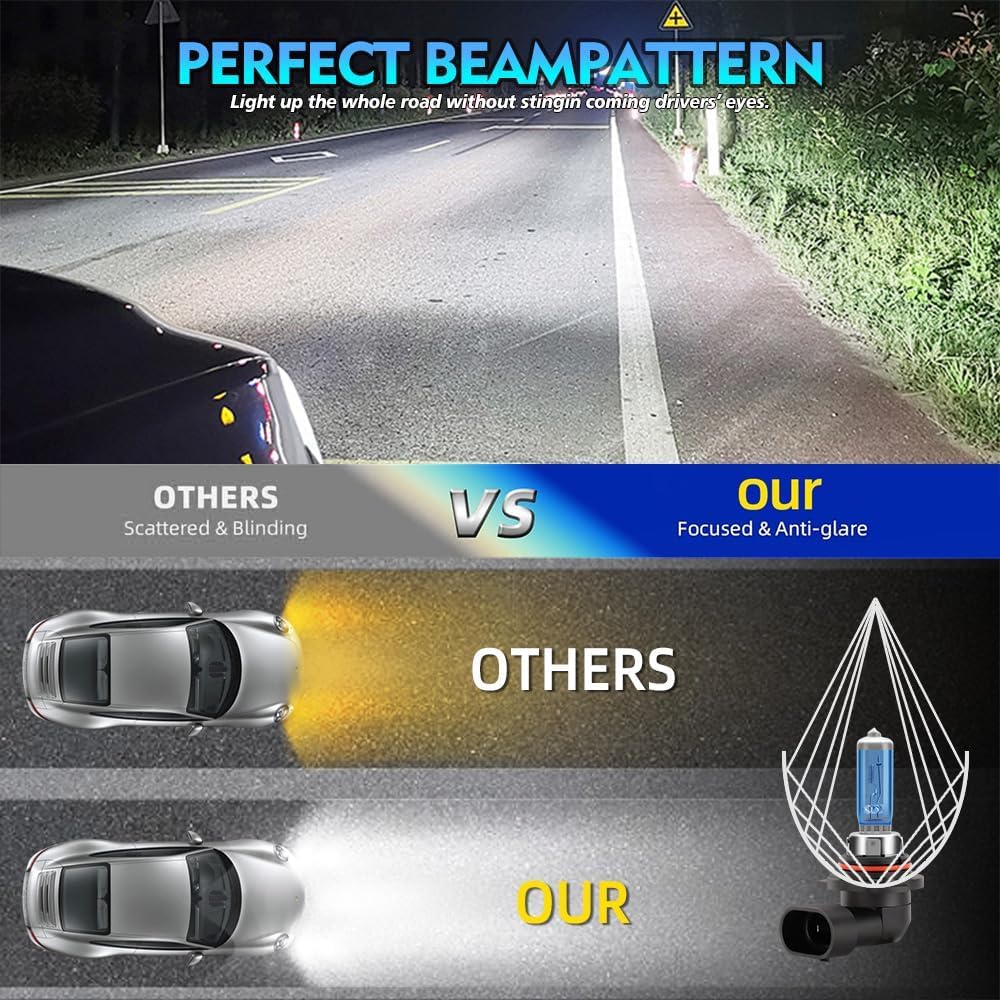 Headlight Bulbs Compatible With Ford Focus 2005-2007， 9007 High Low Beam & H11 Fog Lights Halogen Light Bulb Combo， Super Bright 6000K White， Plug and Play， Pack of 4