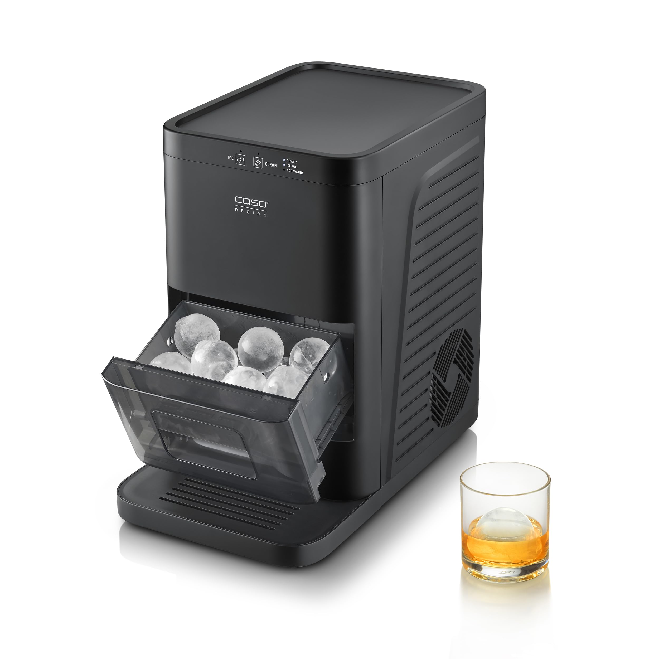CASO IceBall Pro Eiskugelbereiter mit Kompressor – Kristallklare Eiskugeln 50–55 mm, 2 Kugeln/Stunde, 1,3 l Wassertank, Selbstreinigung, LED-Anzeige, mattschwarz