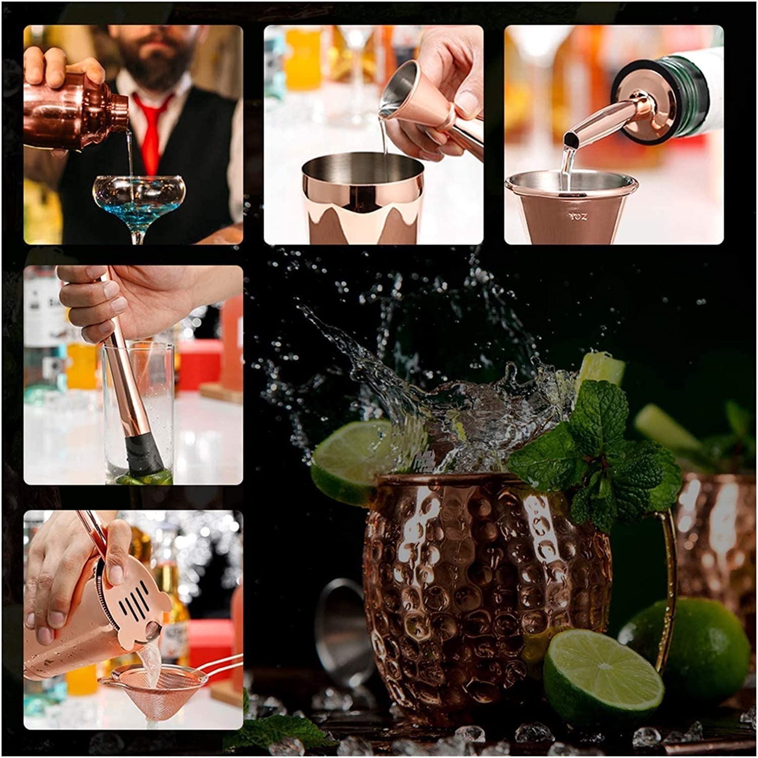 16 pièces de shake de cocktail en acier inoxydable avec des boîtes, des jiggres, des entra�ineuses, des cuillères à barres, des pintes de glace et du support.Kit De Barman Complet Pour Faire Du Martin
