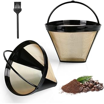 AOMIG Reusable Coffee Filter, Pack of 2 Gold Tone Filters Size 4 with Brush, Coffee Permanent Filter Stainless Steel with Han