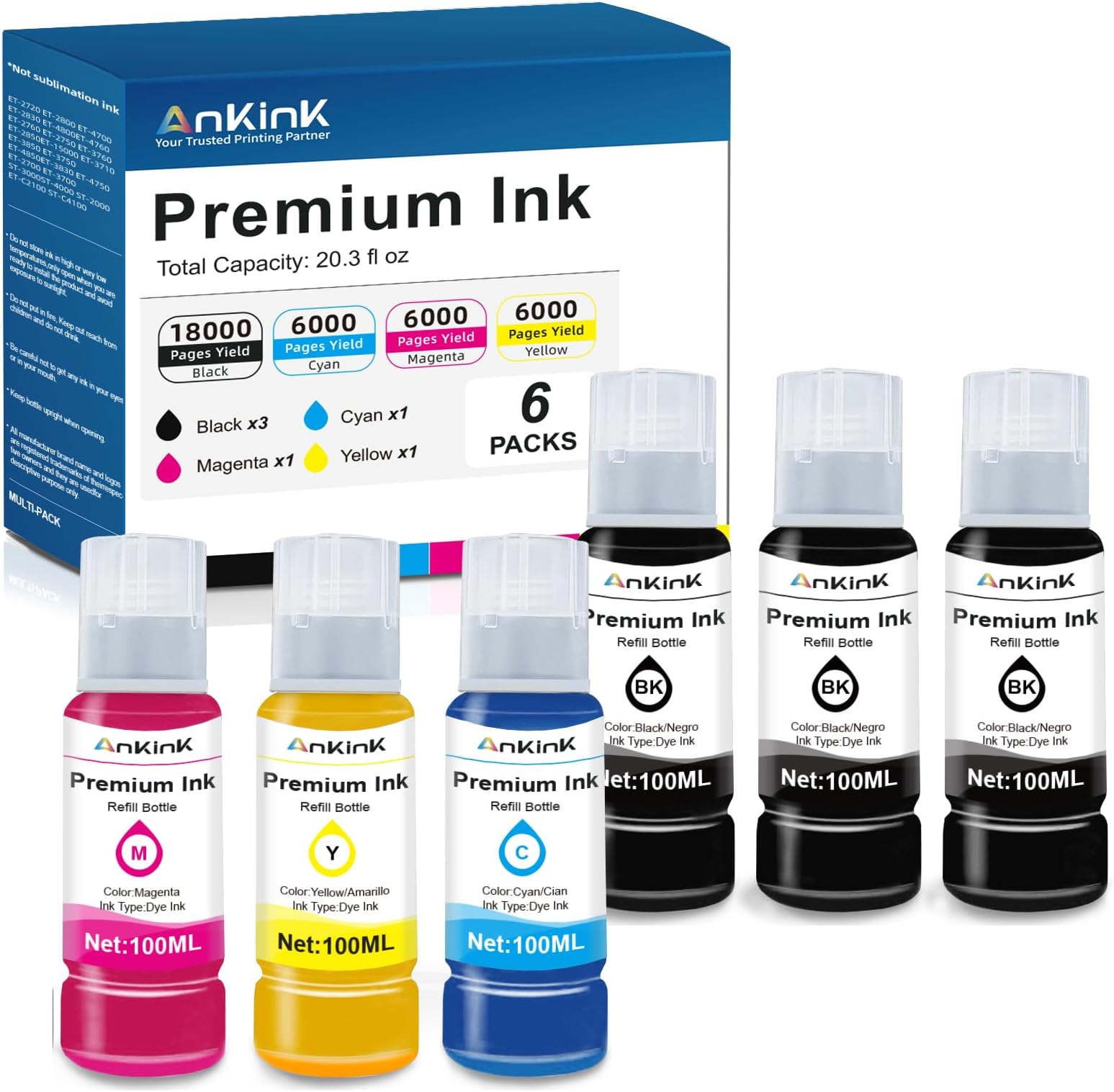 Ankink Ink Refill Bottles Replacement for 502 522 Ink Bottle Fit for Epson T522 ET-2800 ET-2803 ET-2700 ET-2720 ET-2760 ET-3750 ET-3760 ET-4700 ET-2750 ET-4800 ET-2850 Printers (Black Color 6 Pack)