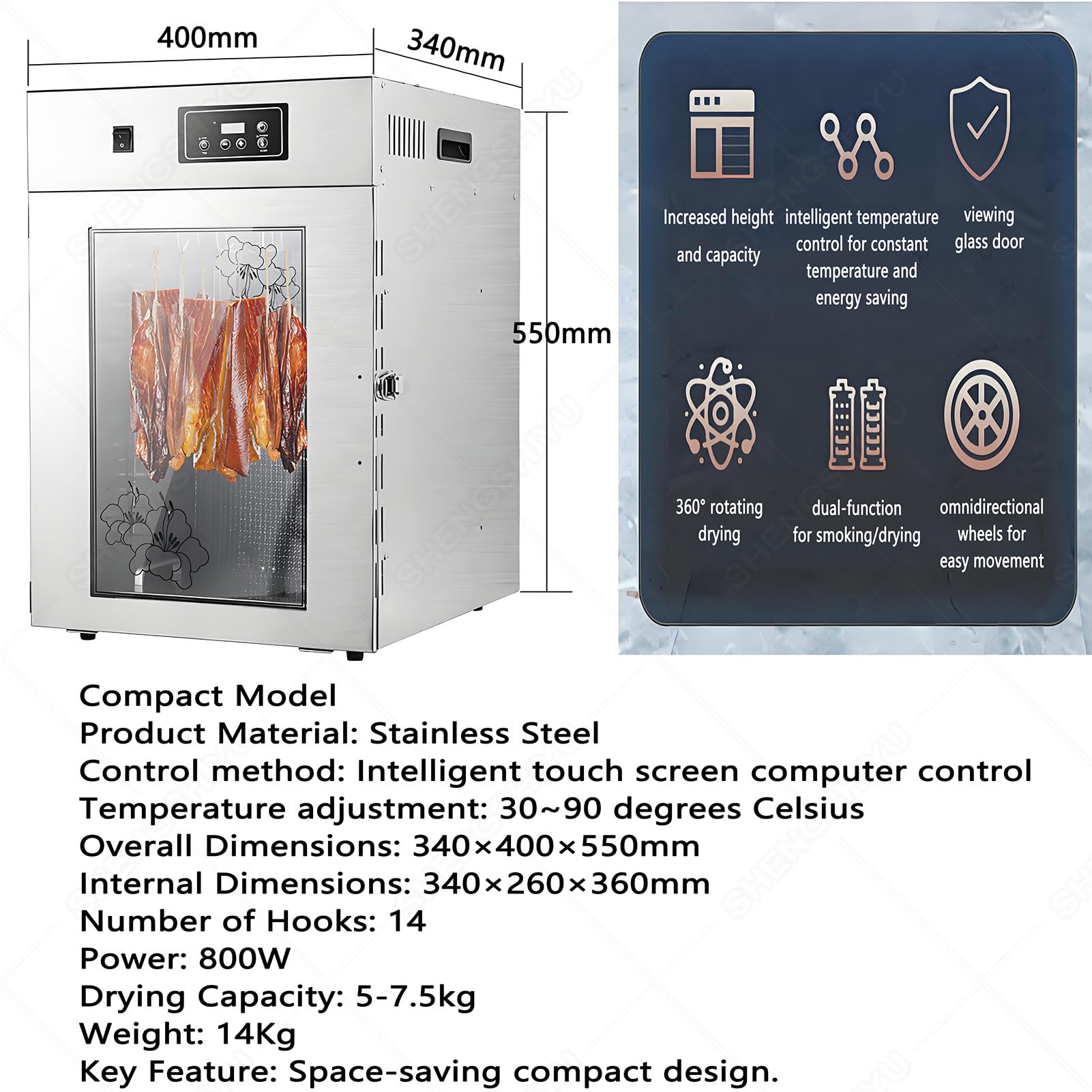Gewerblicher Fleischtrocknungs Und Reifeschrank Edelstahl,Räuchern Und Trocknen 2-in-1,Temperaturbereich 30-90℃,24 Stunden Timer,Dry AGER Reifeschrank Für Beef Jerky,Würstchen 7.5kg