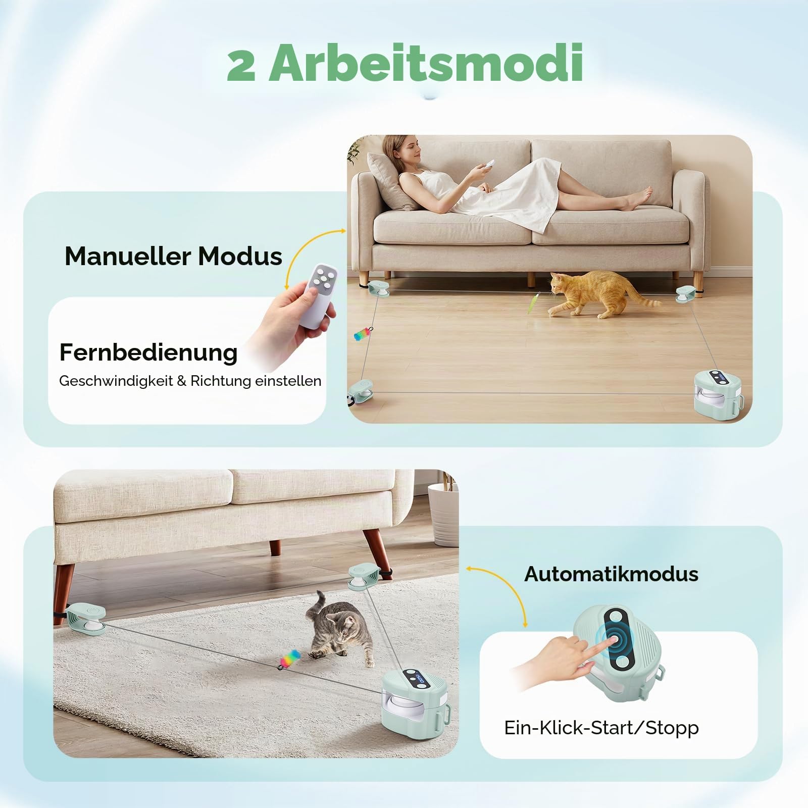 Interaktives Katzenspielzeug für Drinnen, Automatisches/Ferngesteuertes Simuliertes Katzenjagdspielzeug, Energieraubendes Spielzeug für Haustiere, Geschwindigkeit einstellbar(Hellgrün)