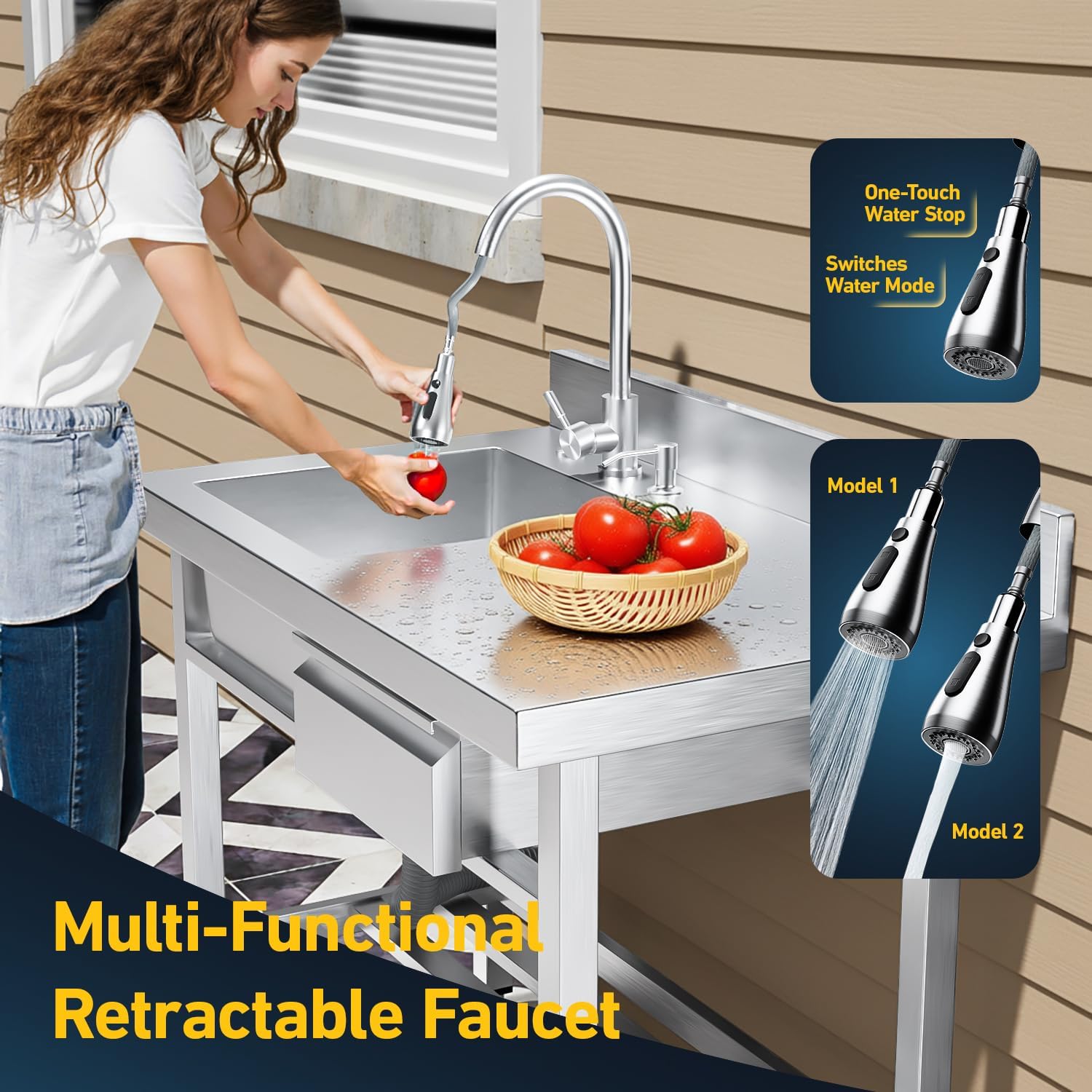 40" Stainless Steel Utility Sink with Pull-out Faucet, Freestanding Single Bowl Commercial Sink with Storage Drawers, Drain Basket, Garage sink for Restaurant Laundry Room Kitchen Farmhouse
