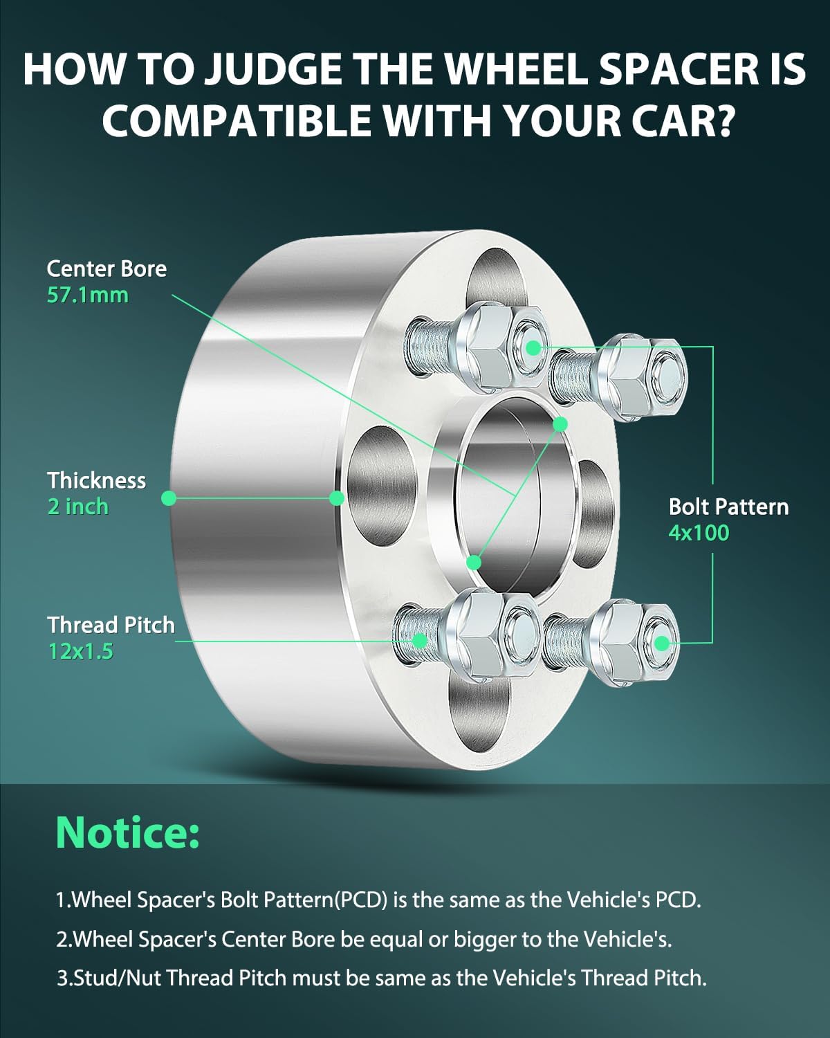 SCITOO 4X 4x100 2 inch Wheel Spacers adapters 4 Lug 4x100mm to 4x100mm 12x1.5 Studs 57.1mm Compatible with for Chevette for Cobalt for Lebaron