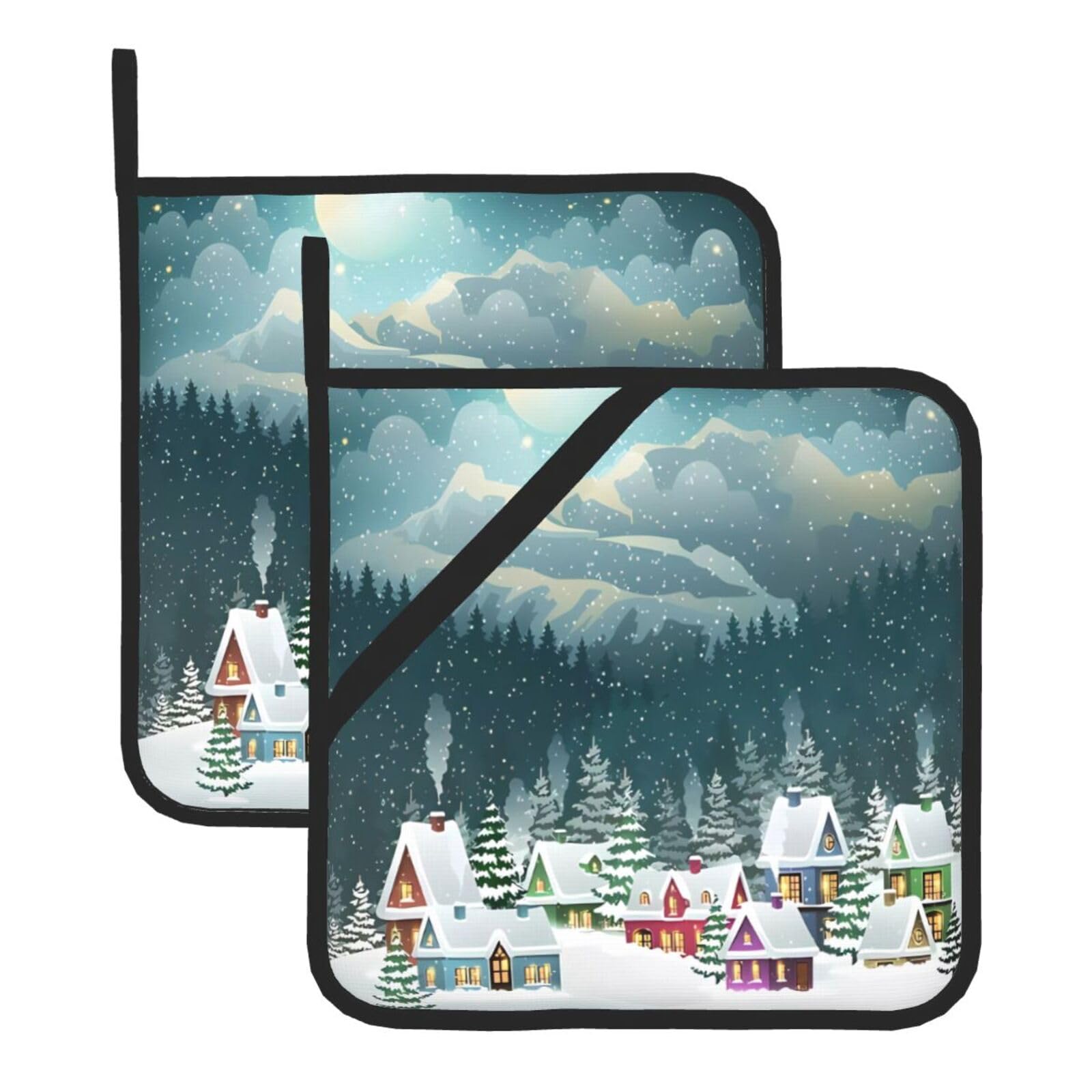 HJFCZH Snow Covered Village Town Prints Square Hot Pads for Kitchen - Waterproof Heat Resistant Potholders, Thick Trivet Covers with Hanging Loops, Oven & Grill Dish Protectors (2-Pack)