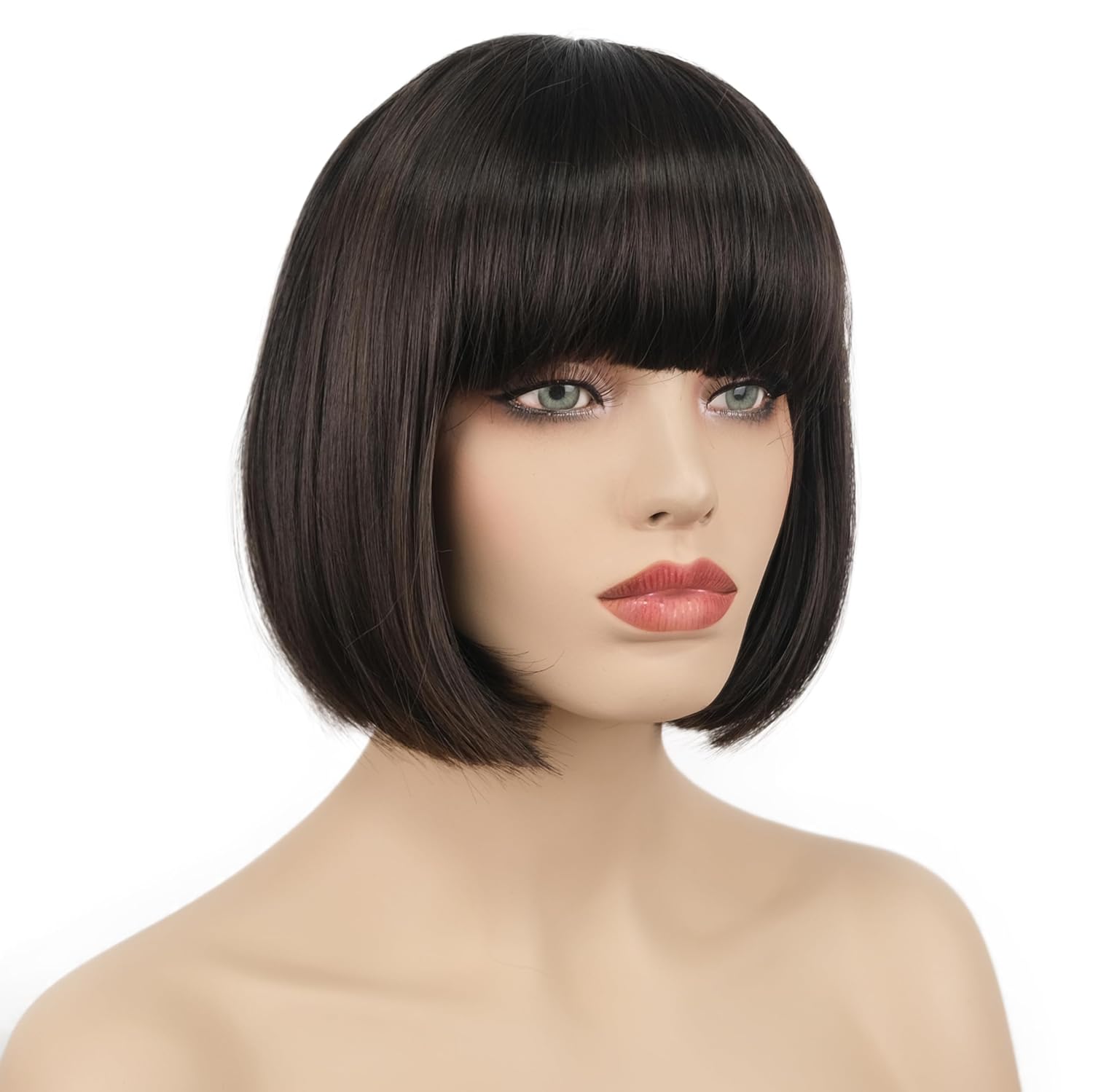 lydell 8" straight short bob hair flat bangs cute central dot skin top heat resistant synthetic wigs (chestnut brown with a little auburn)