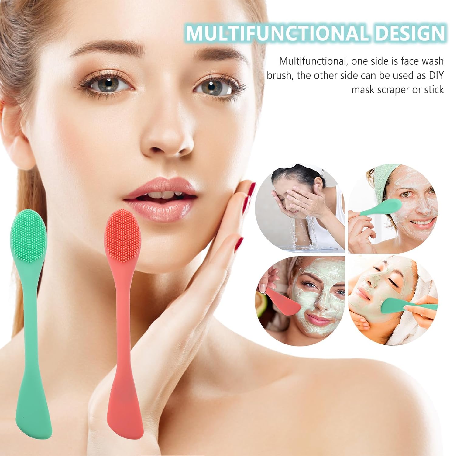 Uonlytech 2pcs Silicone Double-Ended Manual Facial Cleansing Brush for Deep Pore Cleansing, Skin Scrubbing, and Makeup Removal, Soft Face Wash Brush Set in Pine Green and Coral Orange