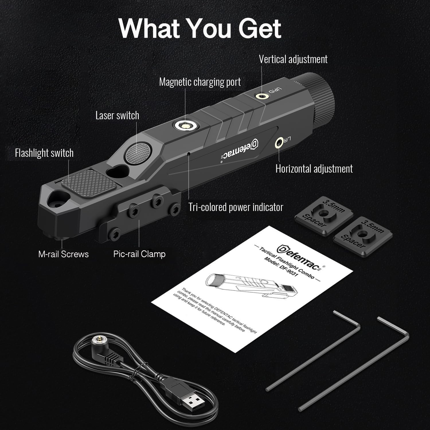 DEFENTAC 1600 Lumens Green Laser Light Combo with Momentary Strobe for Rifle, Weapon Light with Built-in Pressure Switch Compatible with M-Lok/Picatinny, Rechargeable