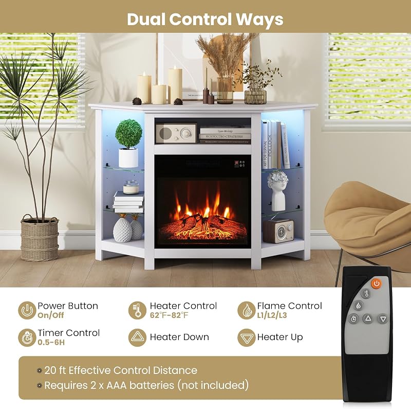 KOTEK Corner Electric Fireplace TV Stand Fits TV Up to 50" (White) image 6