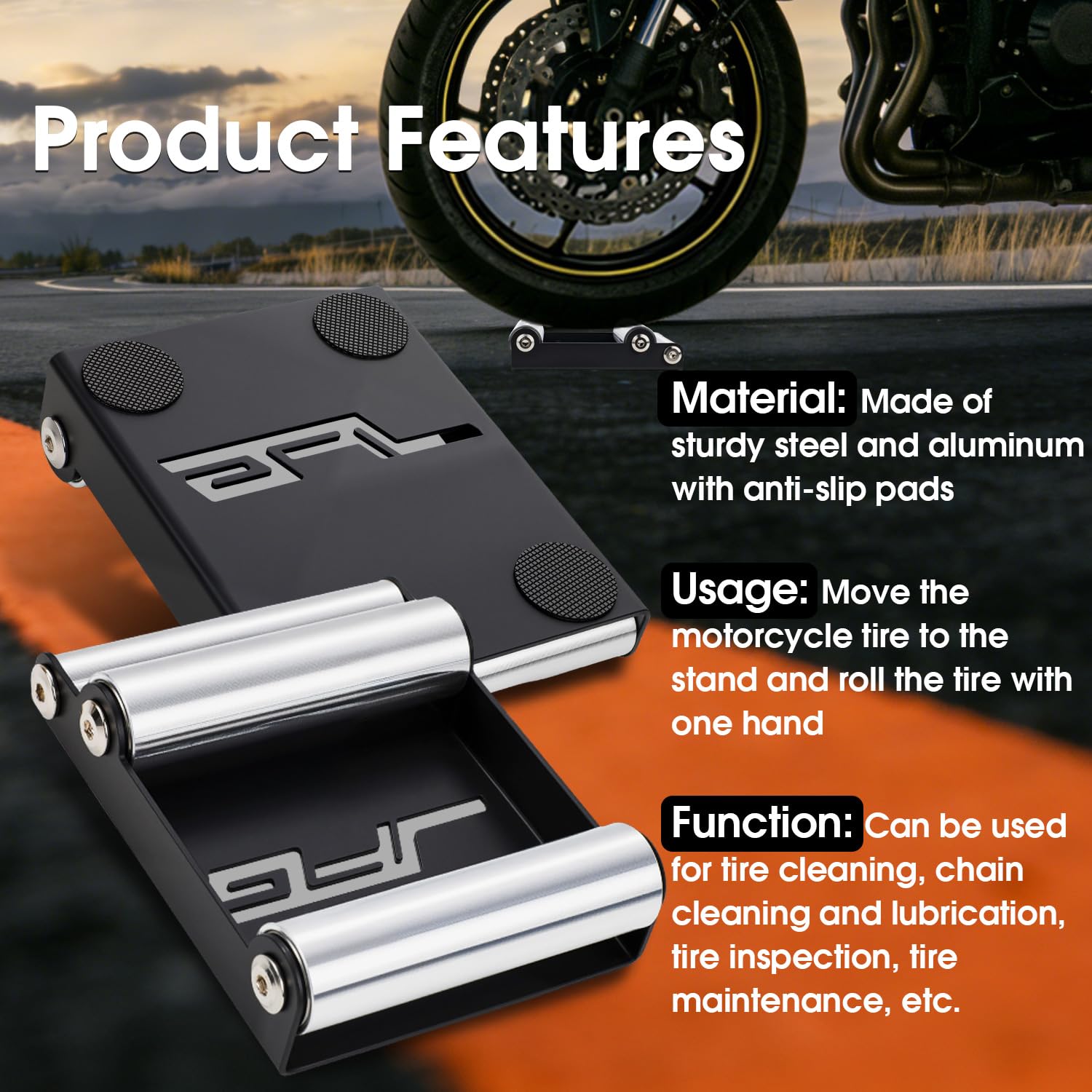 JFG RACING Supporto Rullo Moto,Rullo Pulizia Catena Moto Pulizia Ruote e Lubrificazione della Catena Cavalletto Moto Accessori Moto per Moto Medie < 220 kg e Larghezza Pneumatici < 180 mm