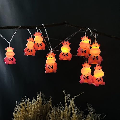 Guirnalda de luces de vaca rosa de 5.4 pies, 10 luces LED de hadas de vaca de Navidad, funciona con pilas, para decoración del hogar, fiesta,