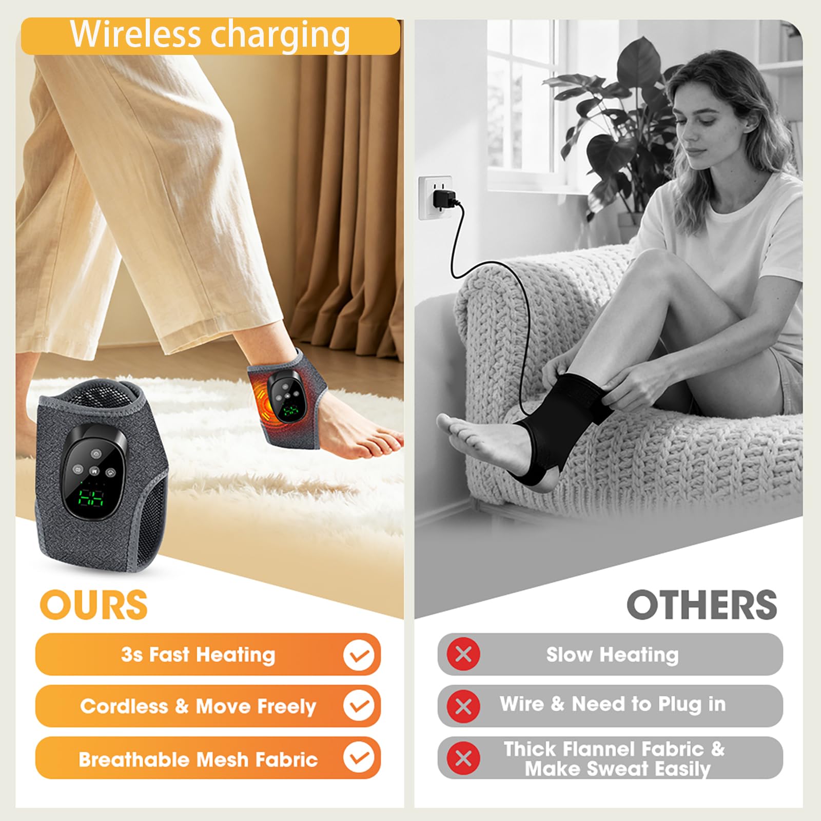 3-in-1 Elektrisches kabelloses Fußmassagegerät, 1 Paar Knöchelmassagegerät mit 4 Massagemodi, 4 Heizstufen - Tragbares Fußmassagegerät für Knöchel, Ferse, Sohle und Fußgewölbe
