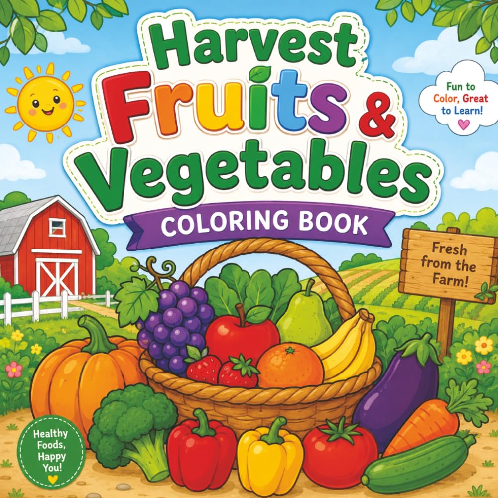 Harvest Fruits & Vegetables Coloring Book: Fun and Easy Farm Harvest Coloring Pages for Kids Ages 3–8 | Cute Fruits, Vegetables, Pumpkins, Corn, Apples, and Fall Farm Fun