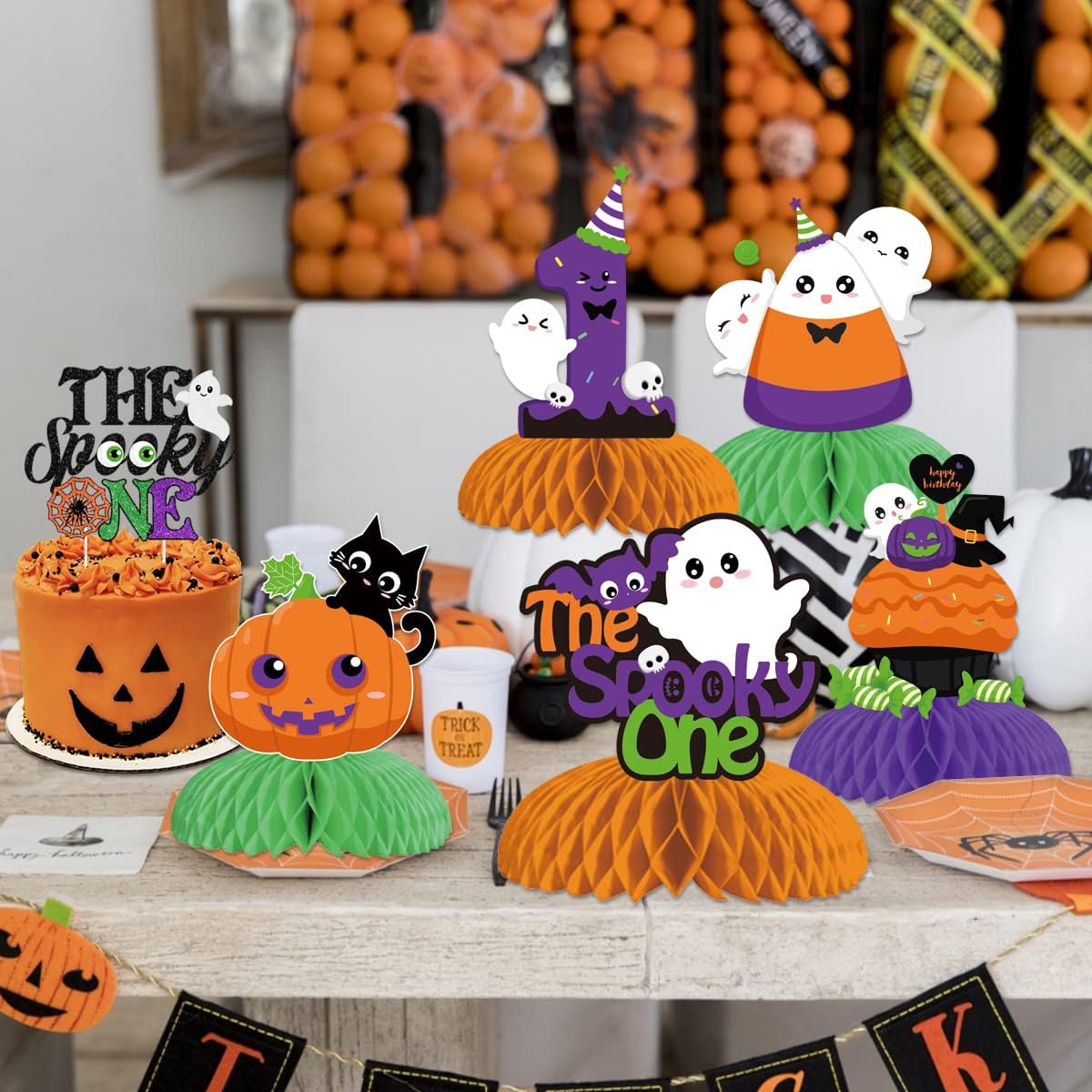 Halloween 1st Birthday Centerpieces Orange Purple Green Black the Spooky One Birthday Decorations Girl Boy Halloween Honeycomb Centerpieces Decorations First Birthday Table Topper Party Favor Supplies