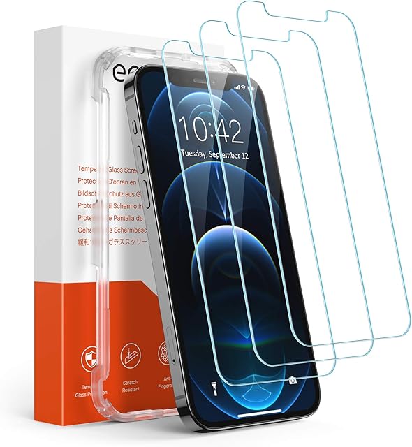 Amazon Brand - Eono iPhone 12 Pro/12 Screen Protector, 9H-Hardness Tempered Glass 6.1 Inch, No Bubbles, Easy Install Kit, Anti-Scratch, 0.33mm Ultra-Clear, Case-Friendly - 3 Pack