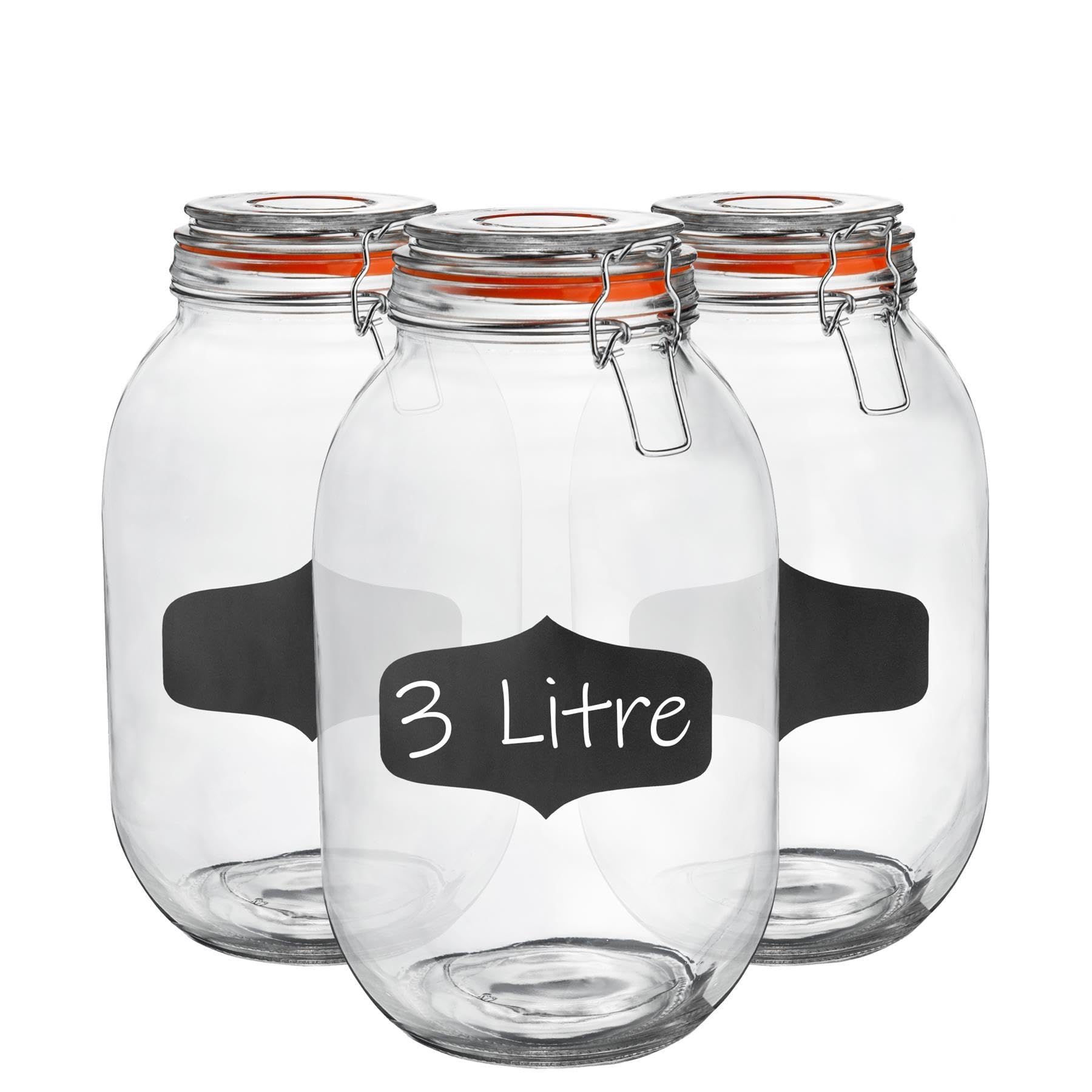 Argon Tableware Glass Jars with Airtight Metal Clip Lid & Chalkboard Stickers - 3000ml/105.5oz - 6 Pack - 4 Colour Seals - Preserving Storage Jar for Pickling, Chutney, Jam, Coffee, Biscuit