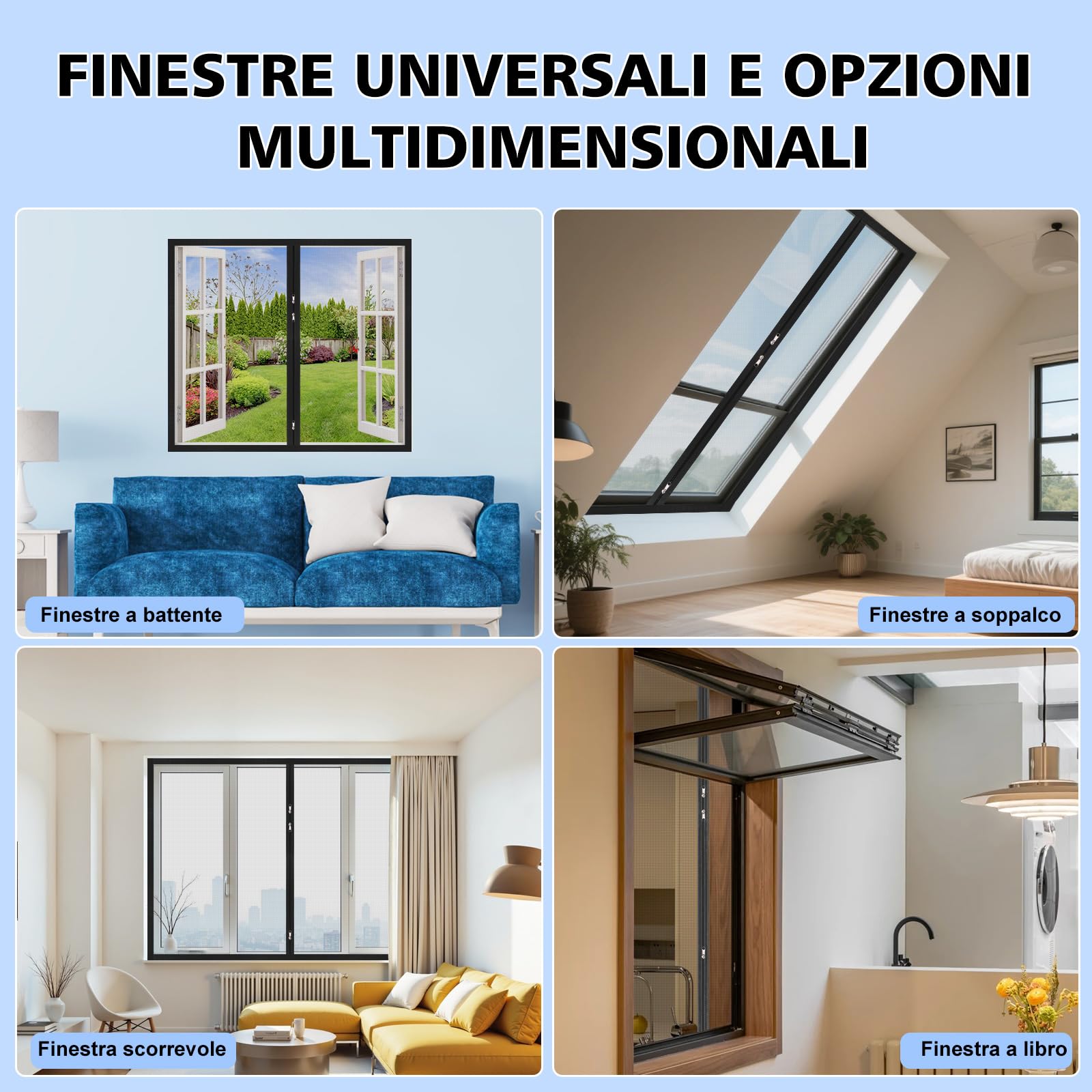 Zanzariere per Finestre con Cerniera Bidirezionale e Nastro Adesivo Trasparente| 70x125 cm | Maglia in PP Antizanzare Traspirante, Riusabili, Lavabili| Installazione Senza Strumenti| Nero