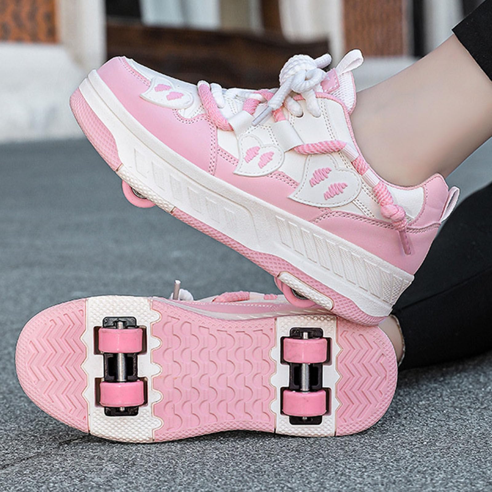 Surwin Zapatillas con Ruedas Niña, Estilo Amor Corazón Zapatos de Niños con Ruedas 2 en 1 Zapatillas de Skateboard Diseño Cordones Zapatos de Skate Roller Skate Shoes Sneakers Moda