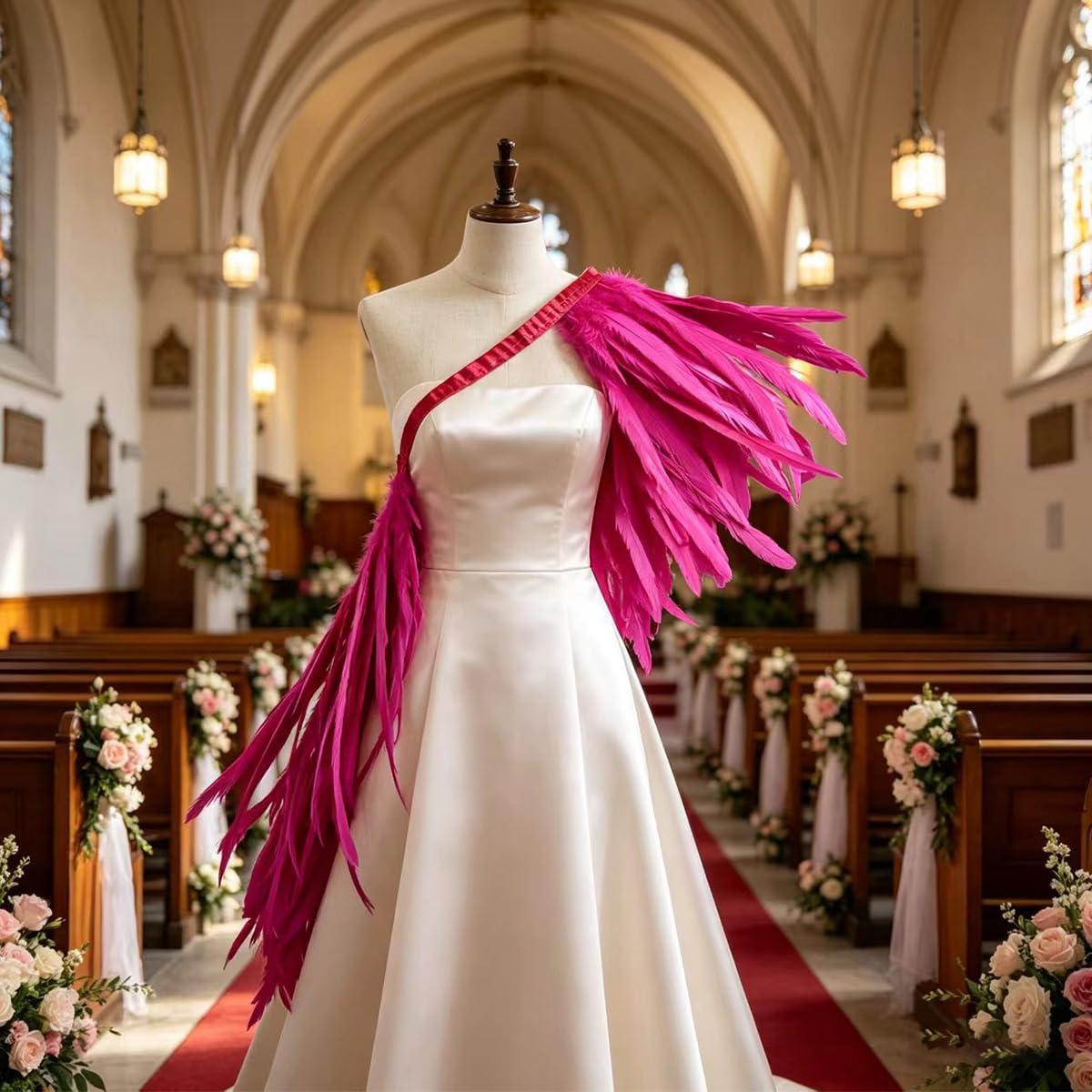 Flecos de Plumas de Coda de Gallo con Cinta de Satén, 2 Metros Largo y 28-33cm Ancho, Plumas Naturales para Costura, Disfraces, Carnaval, Halloween, Boda y DIY Artesanía (Fucsia)