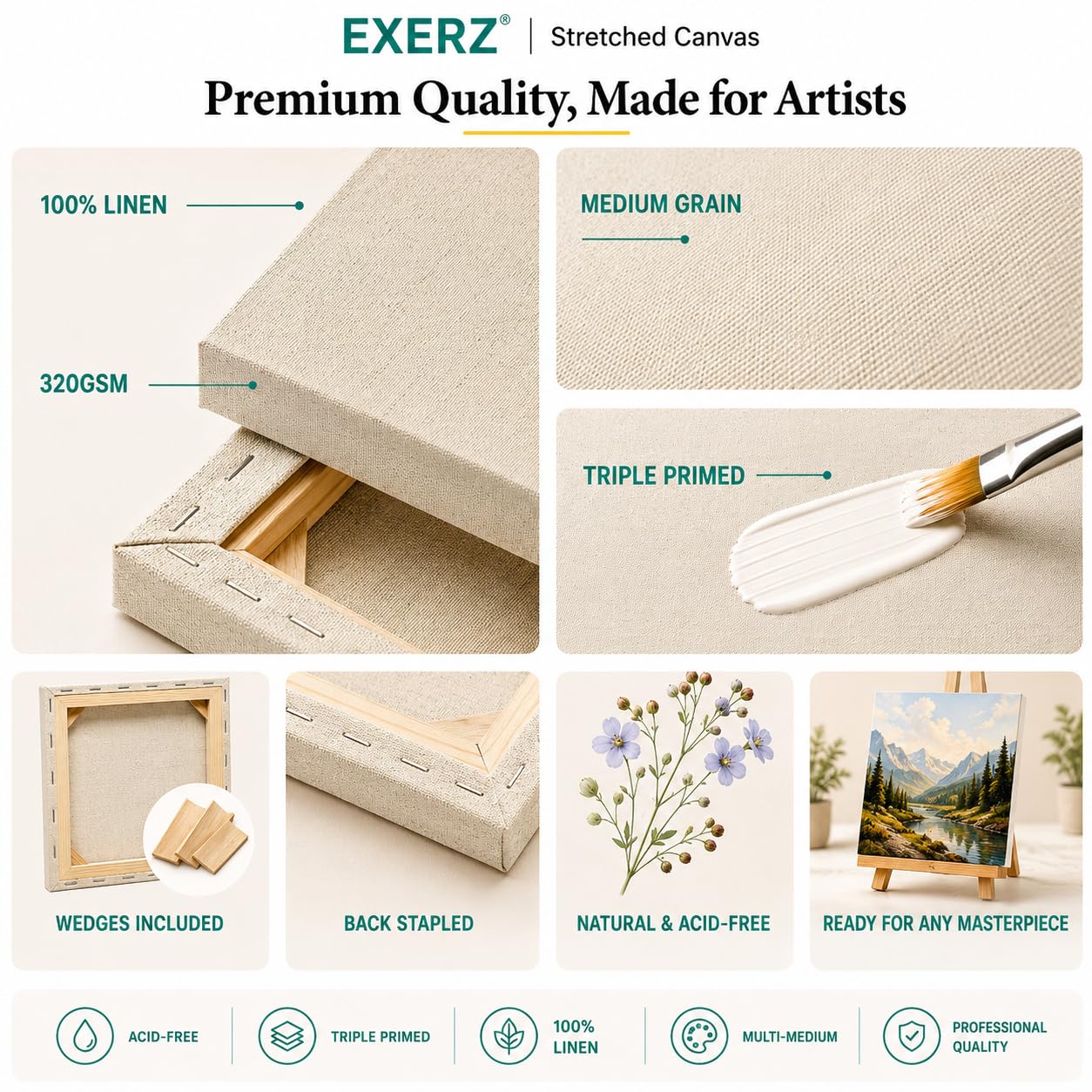 EXERZ 40x50cm Toiles Pré-étirées de Lin 4pcs - 320gsm, Triple apprêt, Sans Acide, Grain Moyen, Pur Lin Écru - Huile et Acrylique