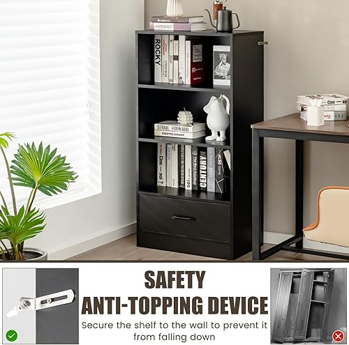 Miniatura 6 de Estantería de 3 estantes con cajón, estantes de madera y estanterías, estante de almacenamiento en cubo, estantería pequeña para espacios pequeños,