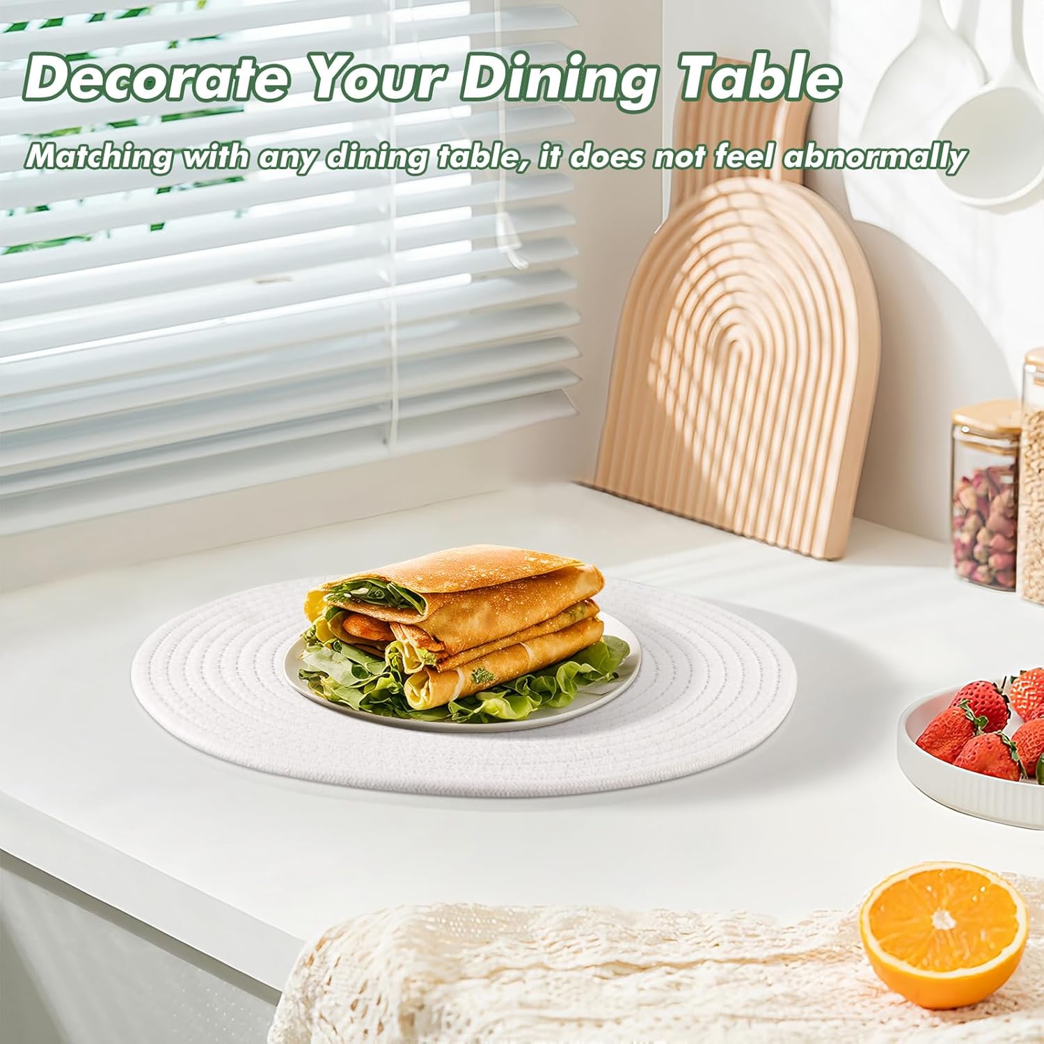 Round Woven Placemats Set of 8 Heat Resistant Placemats 13.5 Inches Farmhouse Cotton Rope Place Mats for Dining Tables Trivets for Hot Dishes, White
