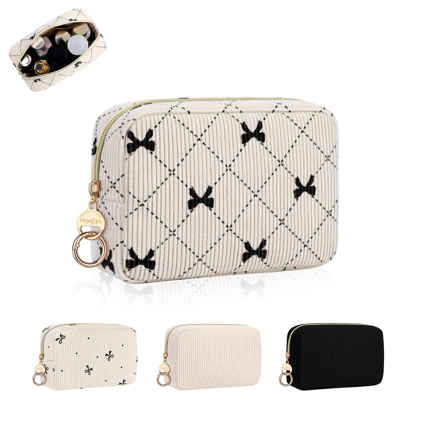 16*5*11cm Grande Pochette Donna Trucchi Piccolo Beauty Case da Viaggio per Cosmetici Organizer Trousse da Borsetta Ragazza in Velluto a Coste per Truccho Accessori Amica Compleanno(Beige-farfalla)