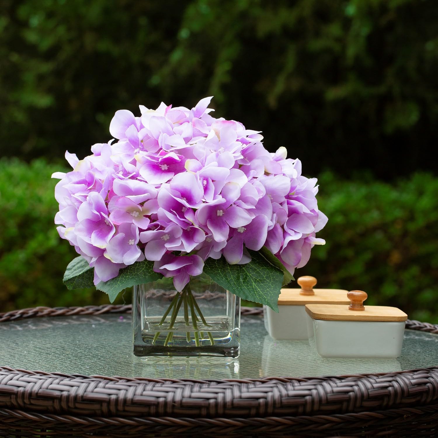 ENOVA FLORAL Silk Hydrangea Artificial Flowers in Vase with Faux Water, Silk Flower Arrangements in Vase for Home Decor, Wedding Table (Light Purple)