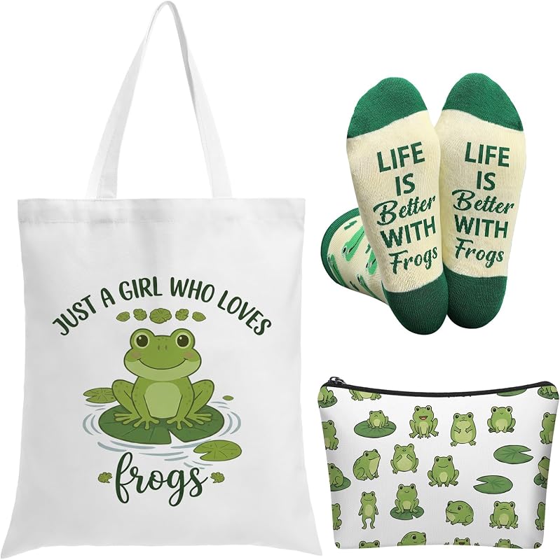 Conjunto Tudomro com bolsa tote, meias e necessaire com estampa de sapo, 3 peças