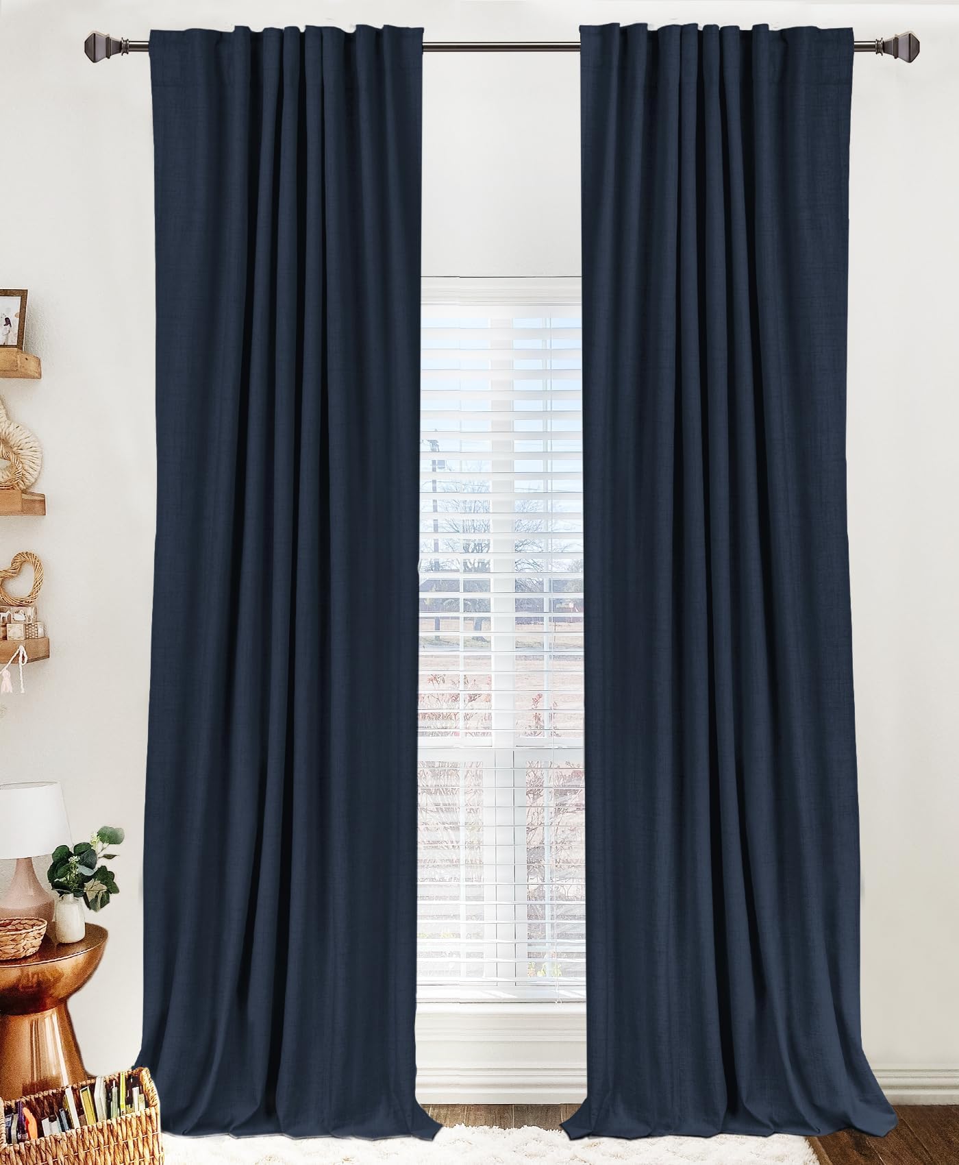 100% Blackout Shield Linen Blackout Curtains for Bedroom 84 Inches Long, Back Tab/Rod Pocket Living Room Drapes, Thermal Insulated Blackout Curtains 2 Panels Set, 50" W x 84" L, Navy