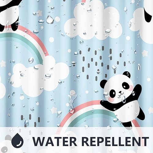 Miniatura 7 de Renaiss Cortina de ducha con diseño de panda de 72 x 72 pulgadas, diseño de animales de dibujos animados, nubes blancas, cielo azul, arco iris,