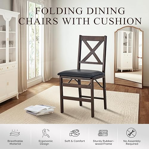 Miniatura 6 de COLAMY Juego de 2 sillas plegables de comedor, sillas plegables con asientos acolchados, sillas plegables de madera para cocina, fiesta, campamento,