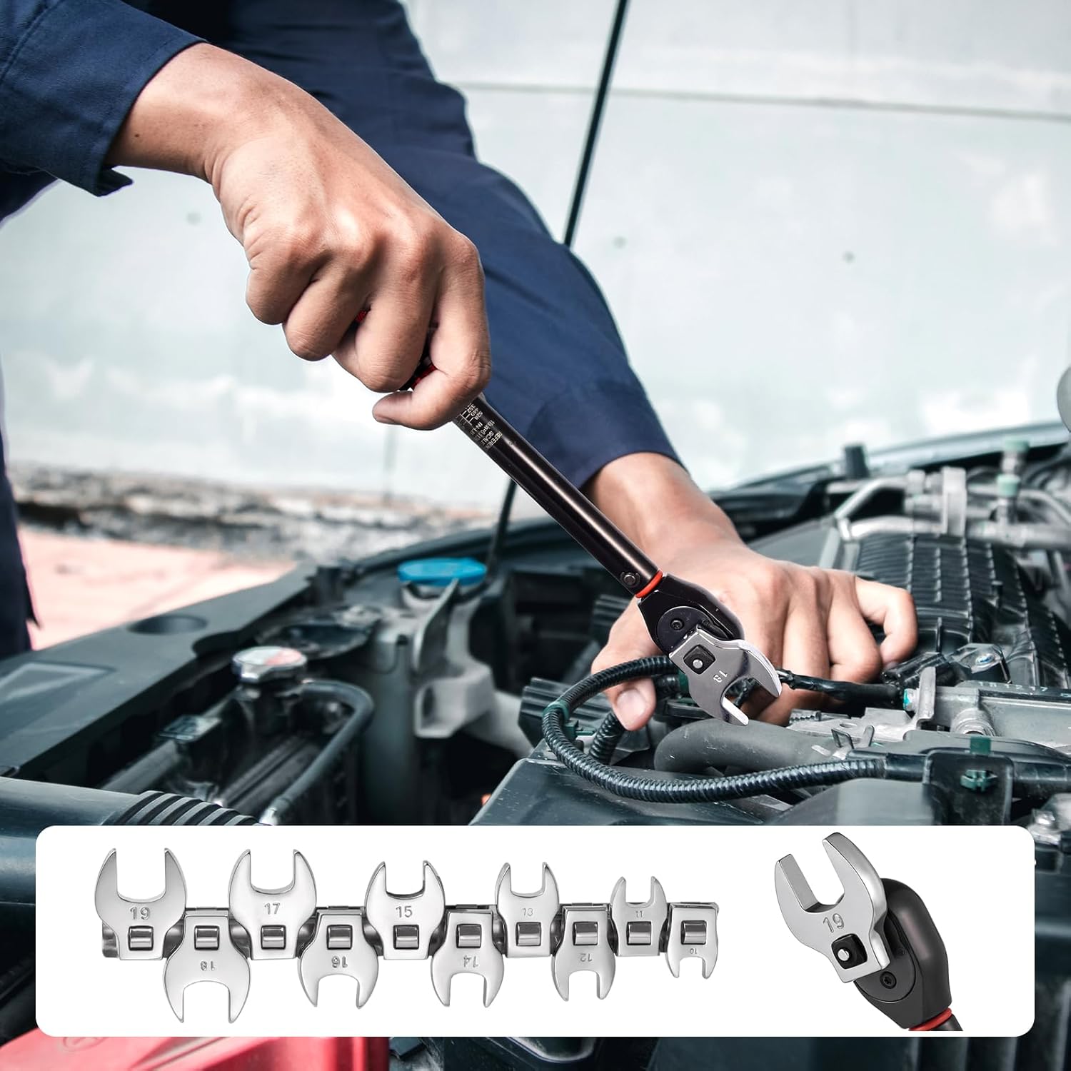 Crowfoot Wrench Set, Crows Foot Wrench Set 3/8” Drive with 10 Pieces Metric Crowfoot for Automotive Repair (Metric)