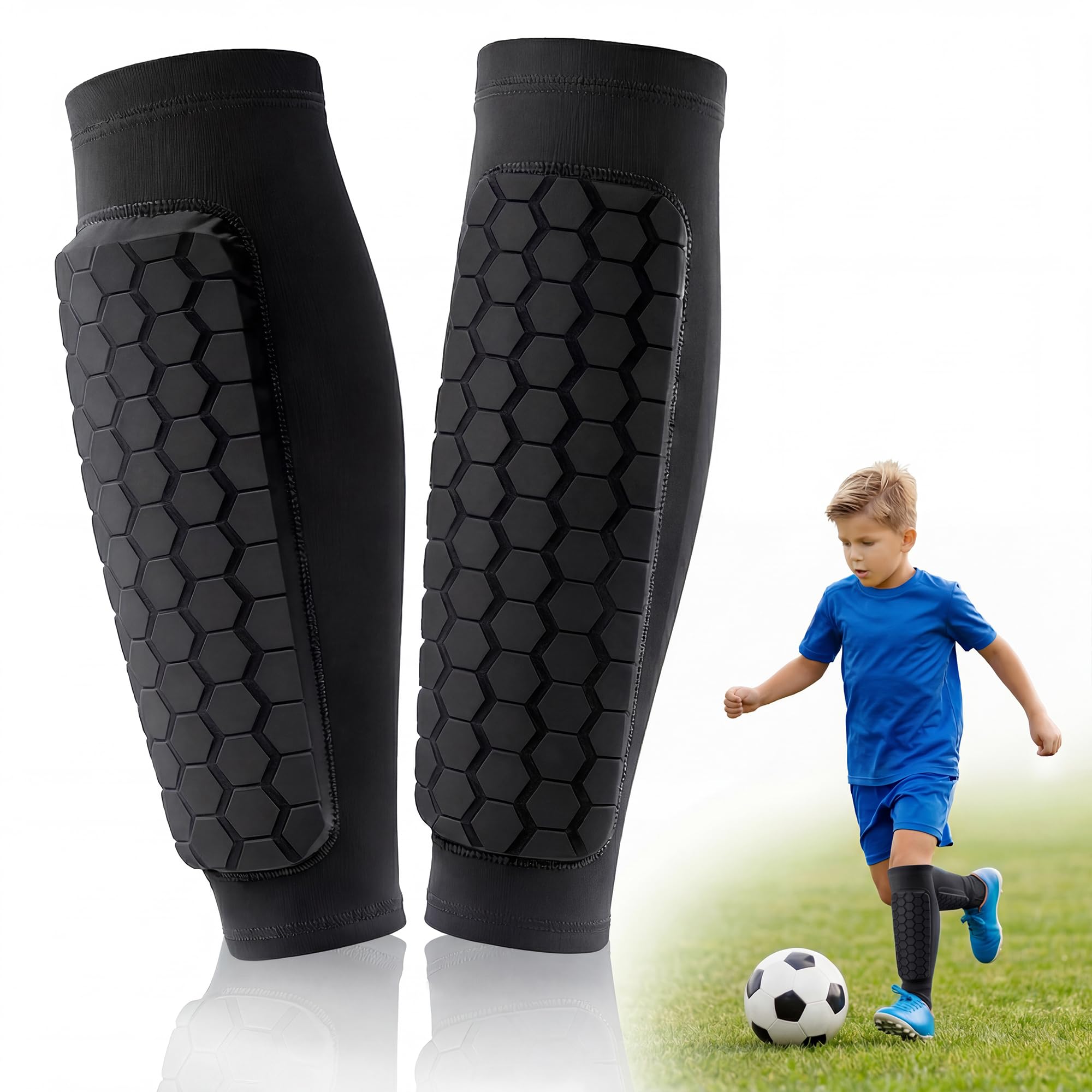 Schienbeinschoner Fußball Jungen Mädchen Leicht, Stoßdämpfende Wabenpolsterung, Anti-Rutsch Silikonband, Bequemer Schutz für Kinder & Teens