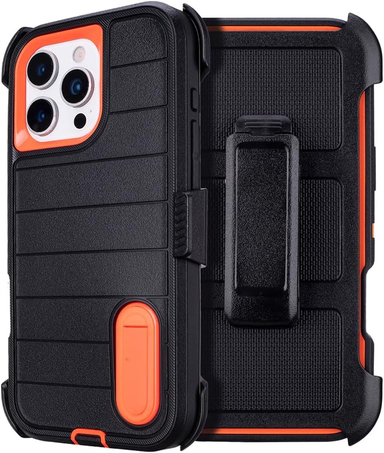 for Black iPhone 16 Pro Max Phone Case with Belt Clip Heavy Duty Holster ShockProof Cases,3 Layers of Sturdy,Military Grade Protective Cases for iPhone 16 Pro Max Case with Clip (Black+Orange)