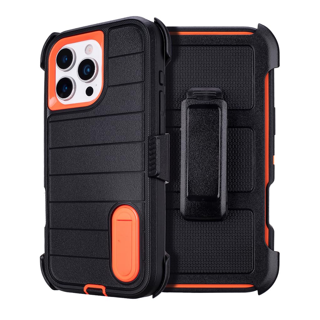 Yowtrey for Black iPhone 16 Pro Max Phone Case with Belt Clip Heavy Duty Holster ShockProof Cases,3 Layers of Sturdy,Military Grade Protective Cases for iPhone 16 Pro Max Case with Clip (Black+Orange)