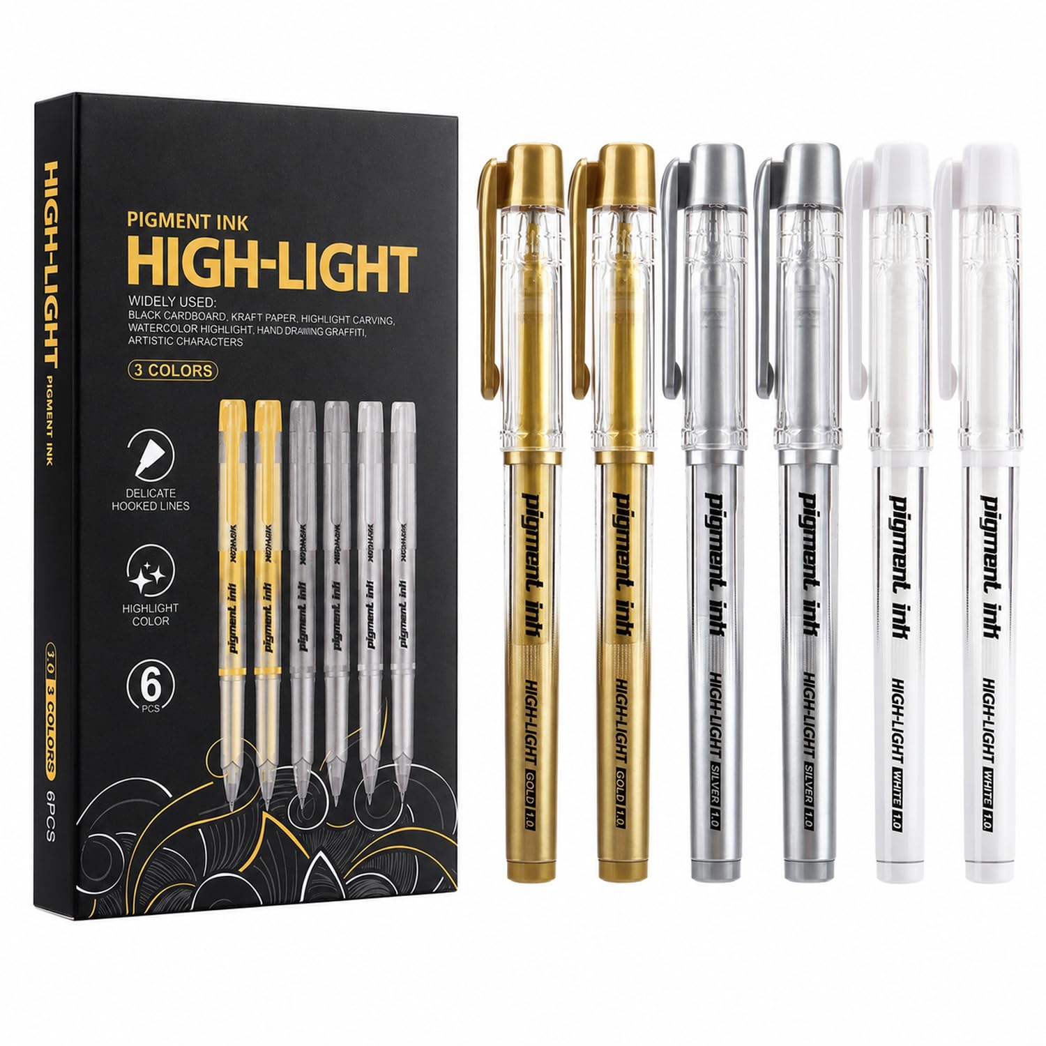 6Pcs White Gold Silver Pens Set, Quick Dry Ink Gold, White & Silver Pens