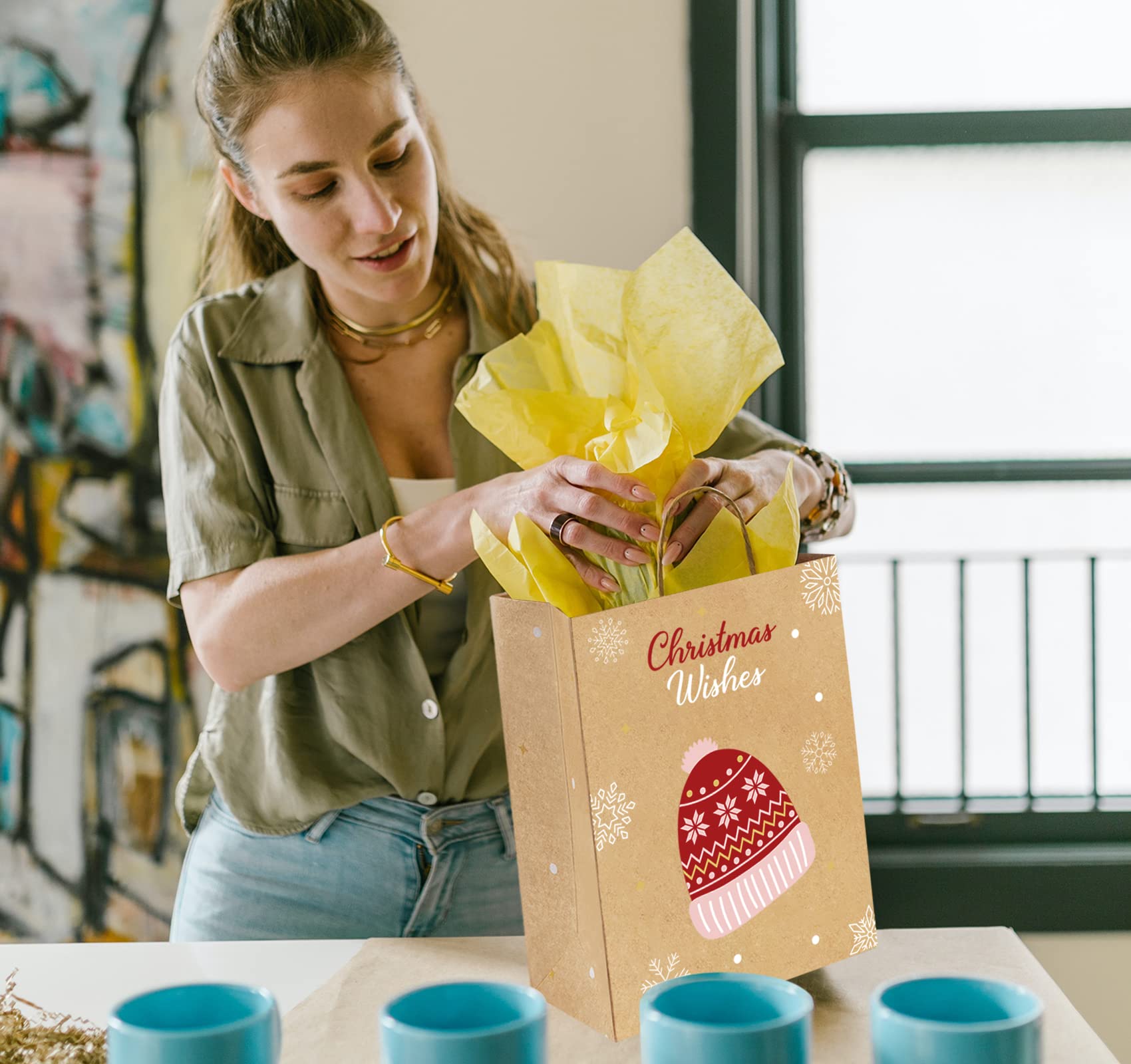24 Sacchetti Regalo Natalizi in Carta Kraft, Con Manico, per