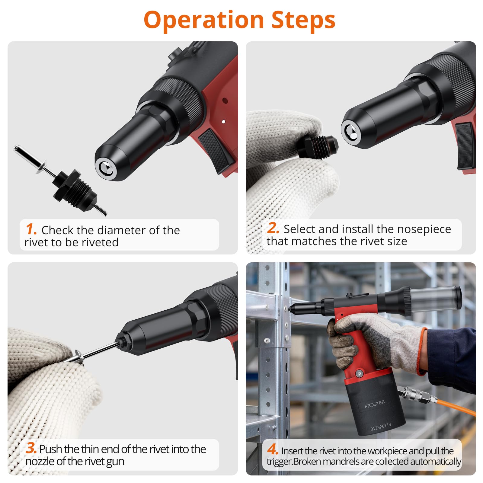 Proster Remachadora Neumatica 2450KGF Pistola Remachadora de Aire con 360°Conector de Aire Giratorio y 5 Tamaños de Boquilla 2,4-6,4mm para Mecánicos, Marinos y Automoción