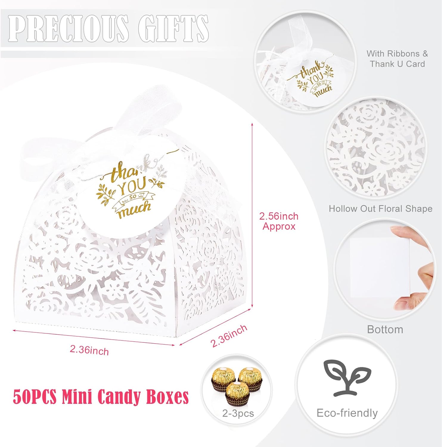 50Pcs Small Gift Boxes for Party Favors, Laser Cut Candy Boxes Wedding Favor with Thank You Card Ribbons for Bridal Baby Shower Wedding Decorations (White, 2.36") - Image 2
