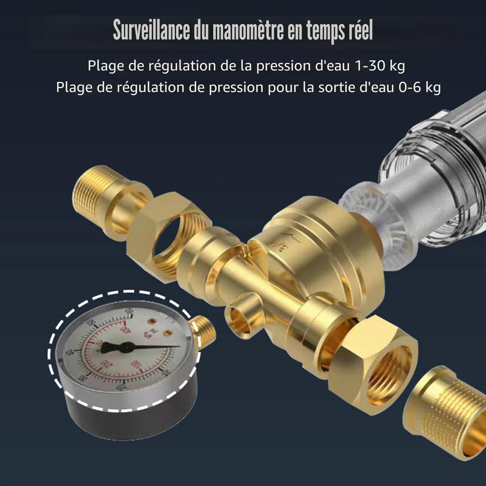 filtre mécanique, finesse 40 μm, avec manomètre et autonettoyant, dessus en laiton, empêche le rinçage des corps étrangers (3/4")"}