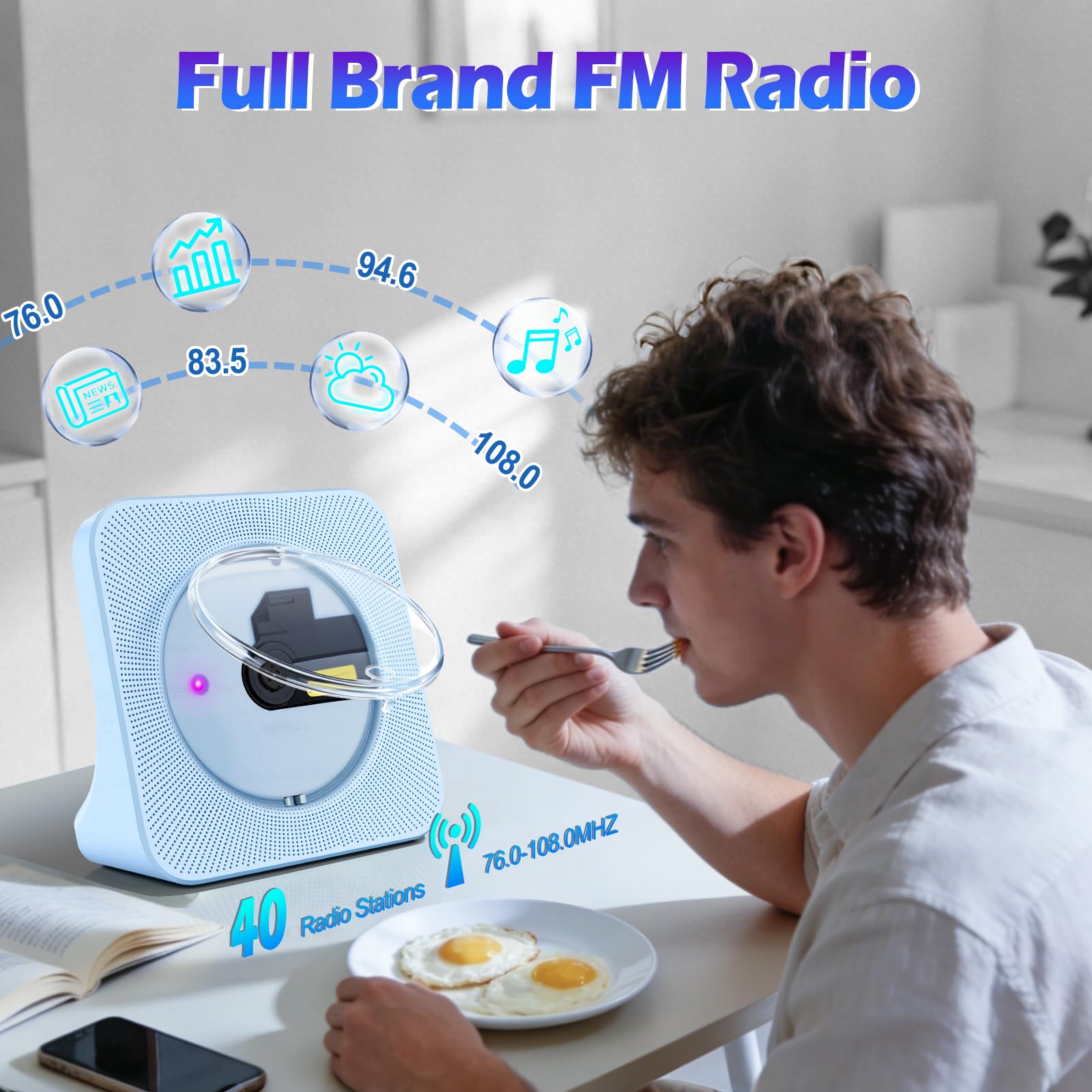 Lettore CD Portatile Casa, CD Player Bluetooth Casse Integrate con Timer